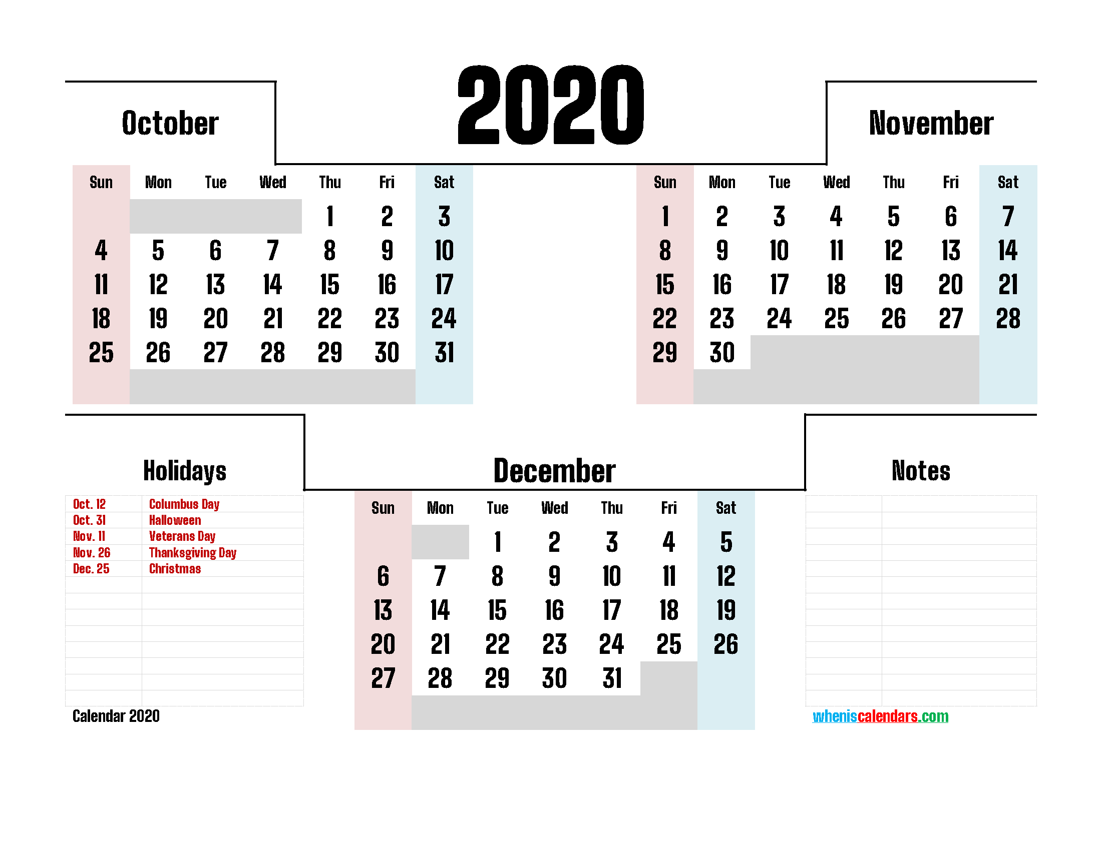 October November December 2020 Calendar Printable