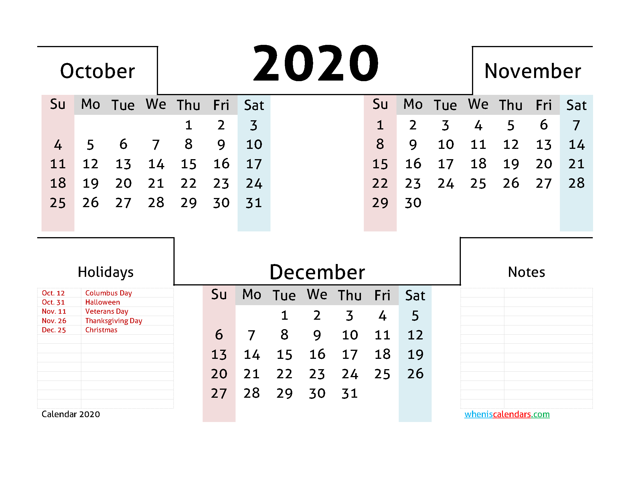 Calendar October November December 2020 Printable