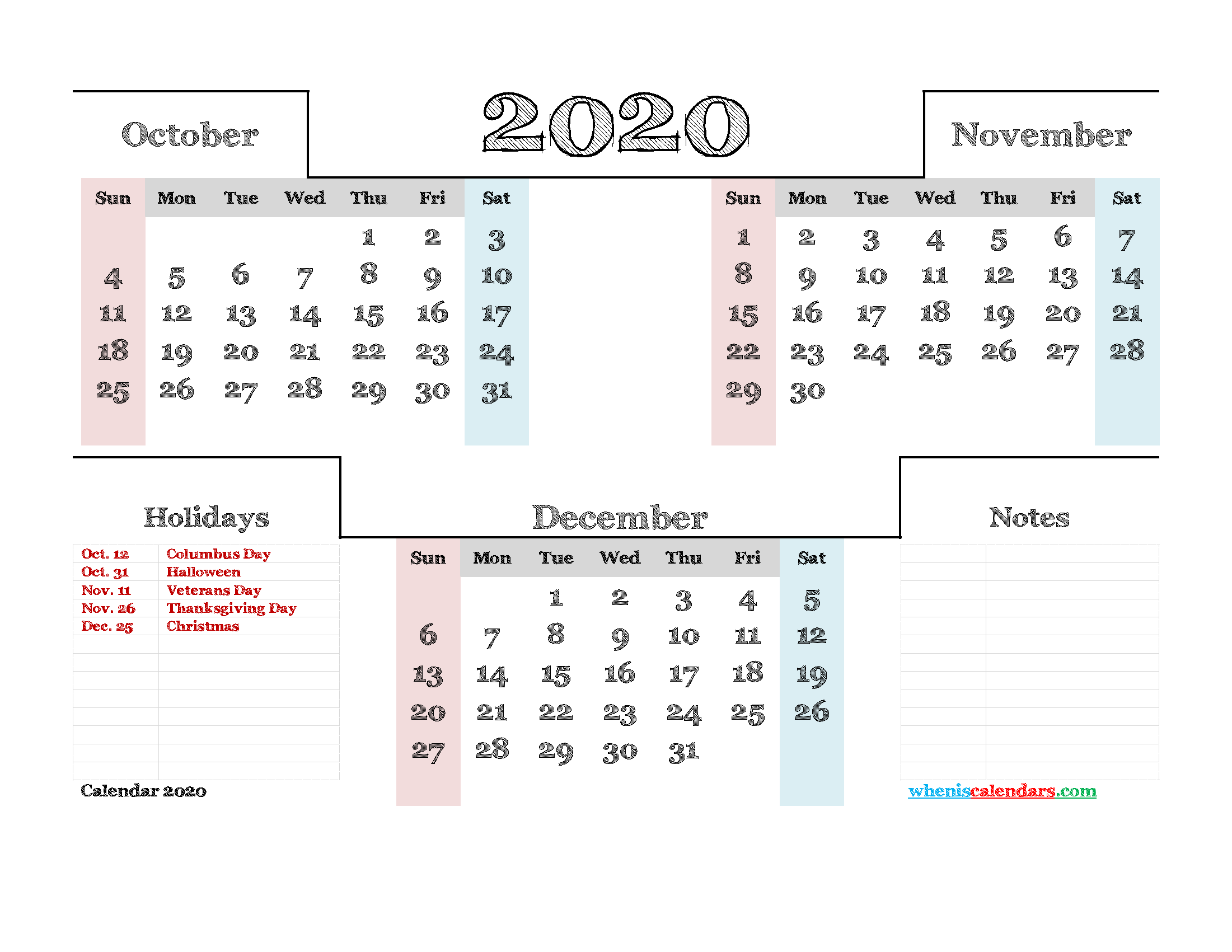 Printable October November December 2020 Calendar