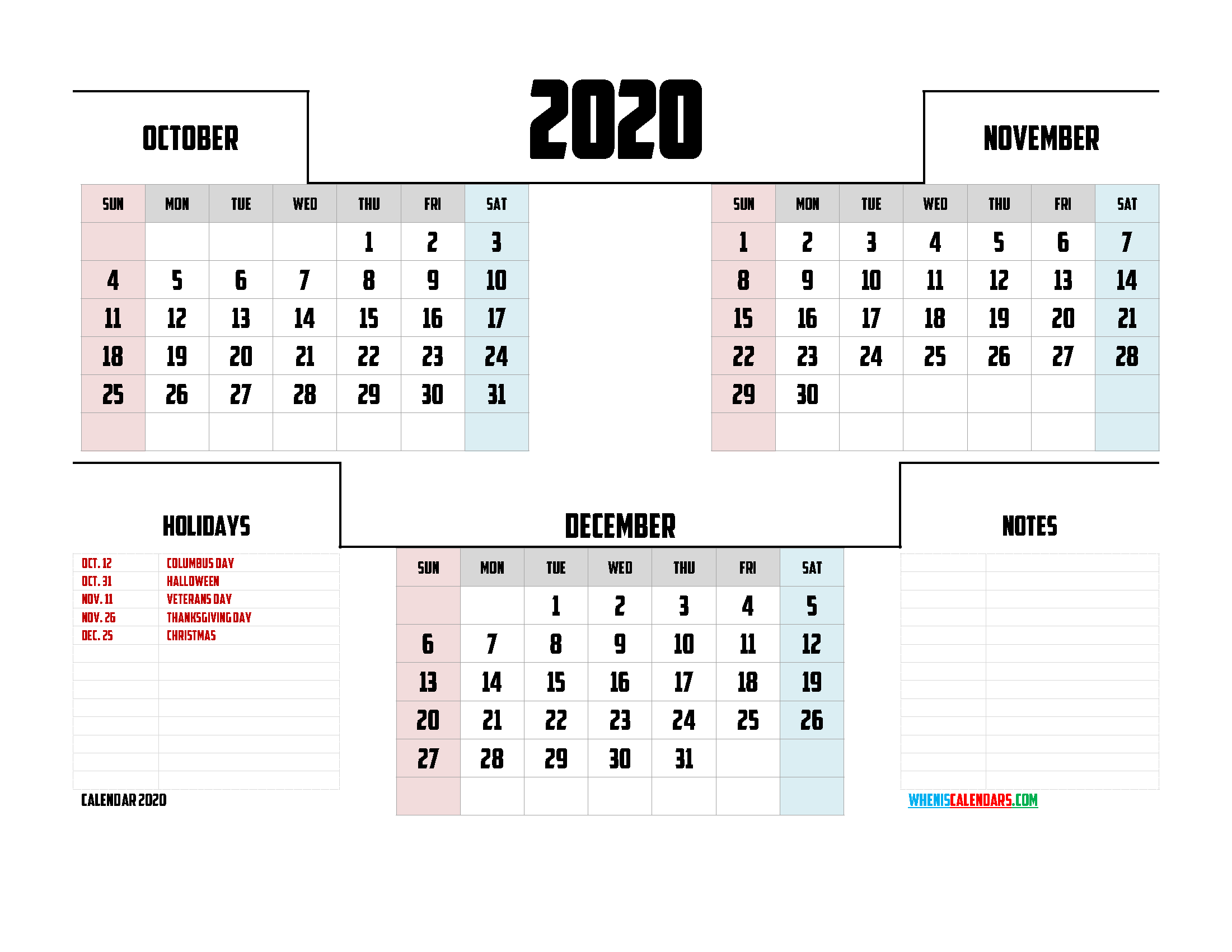 October November December 2020 Calendar Printable 3 Month