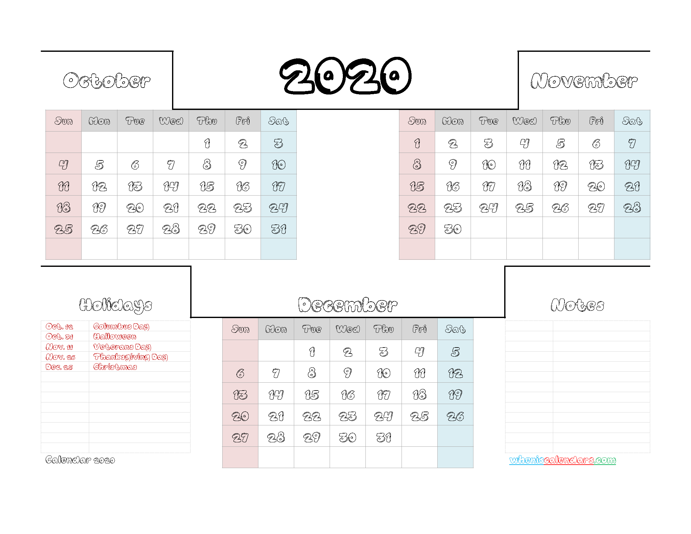 October November December 2020 Printable Calendar