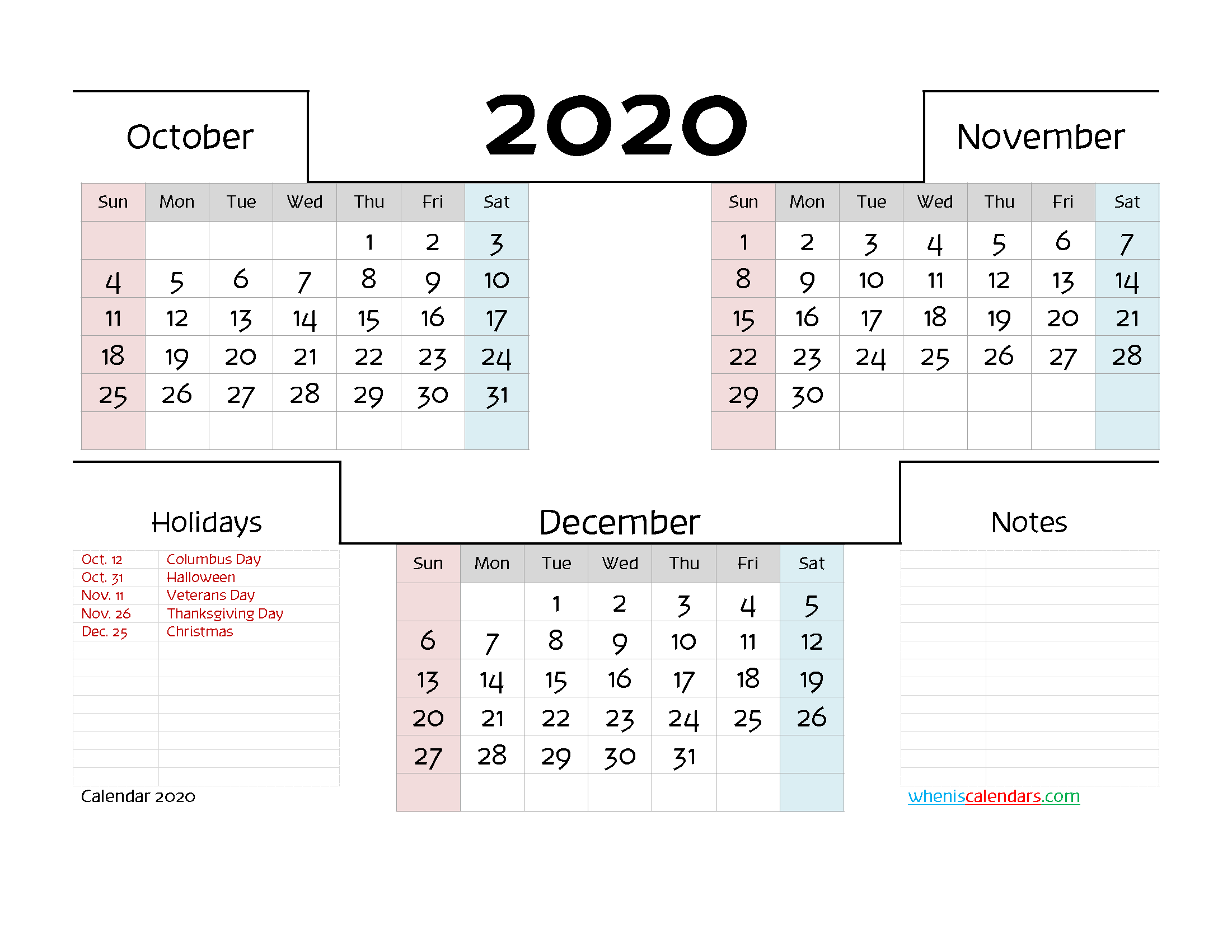 October November December 2020 Printable Calendar Free
