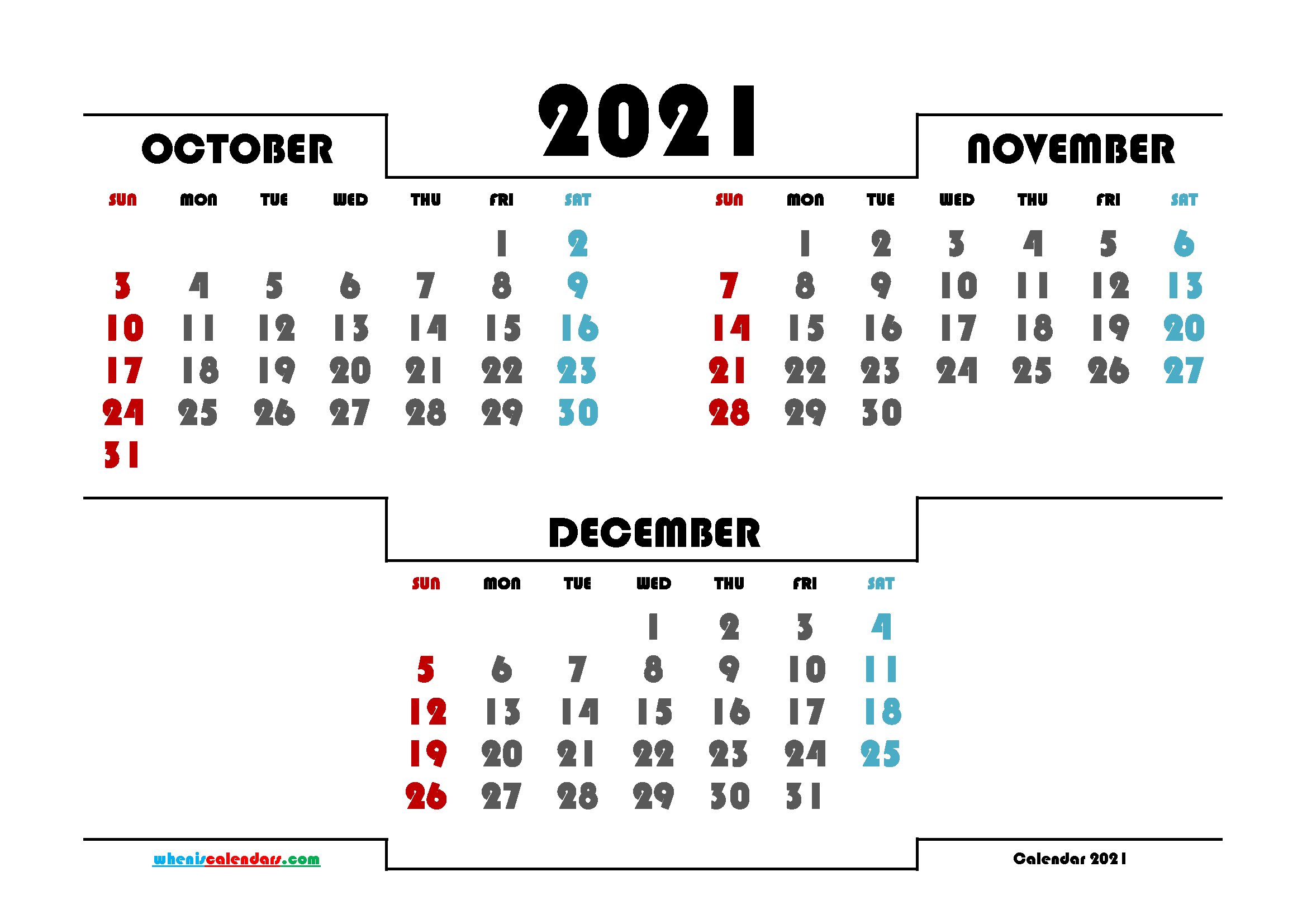 Printable October November December 2021 Calendar