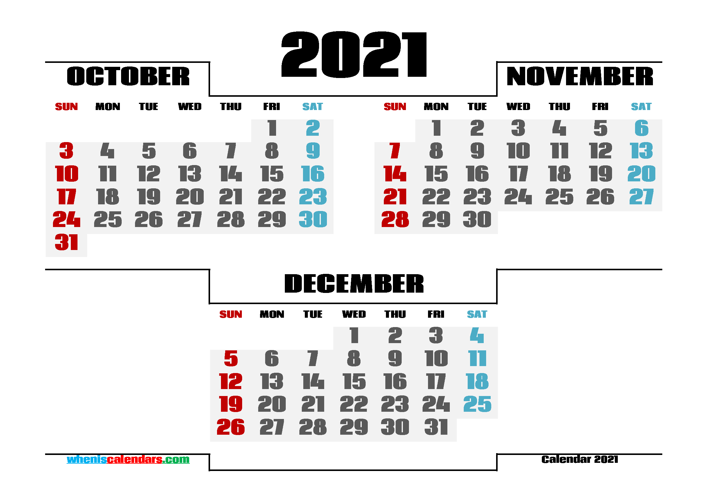Printable October November December 2021 Calendar