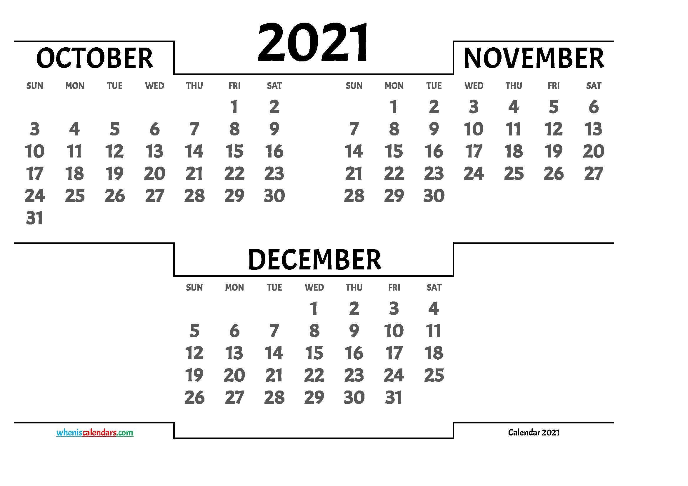 October November December 2021 Calendar Printable