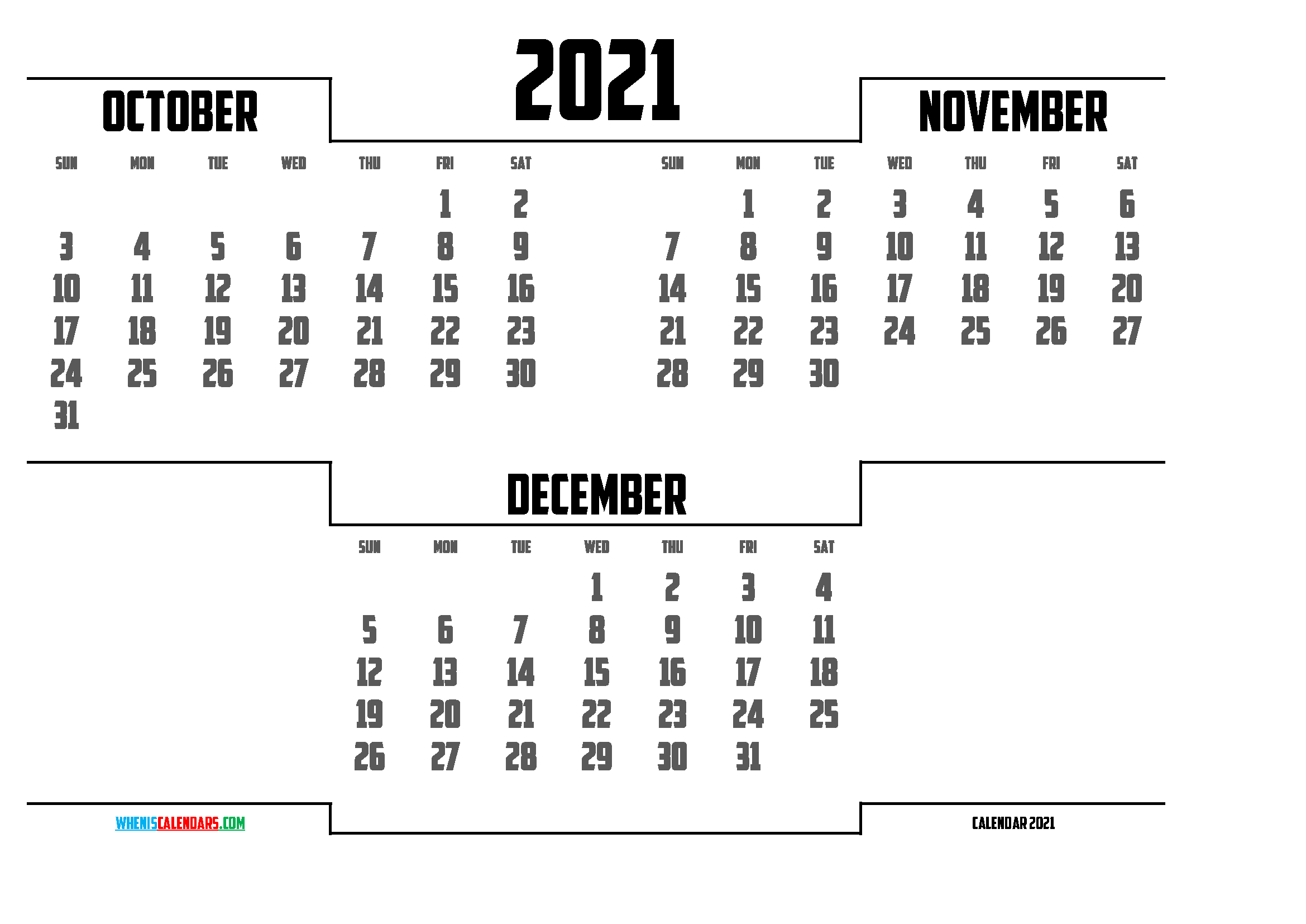 October November December 2021 Printable Calendar Free