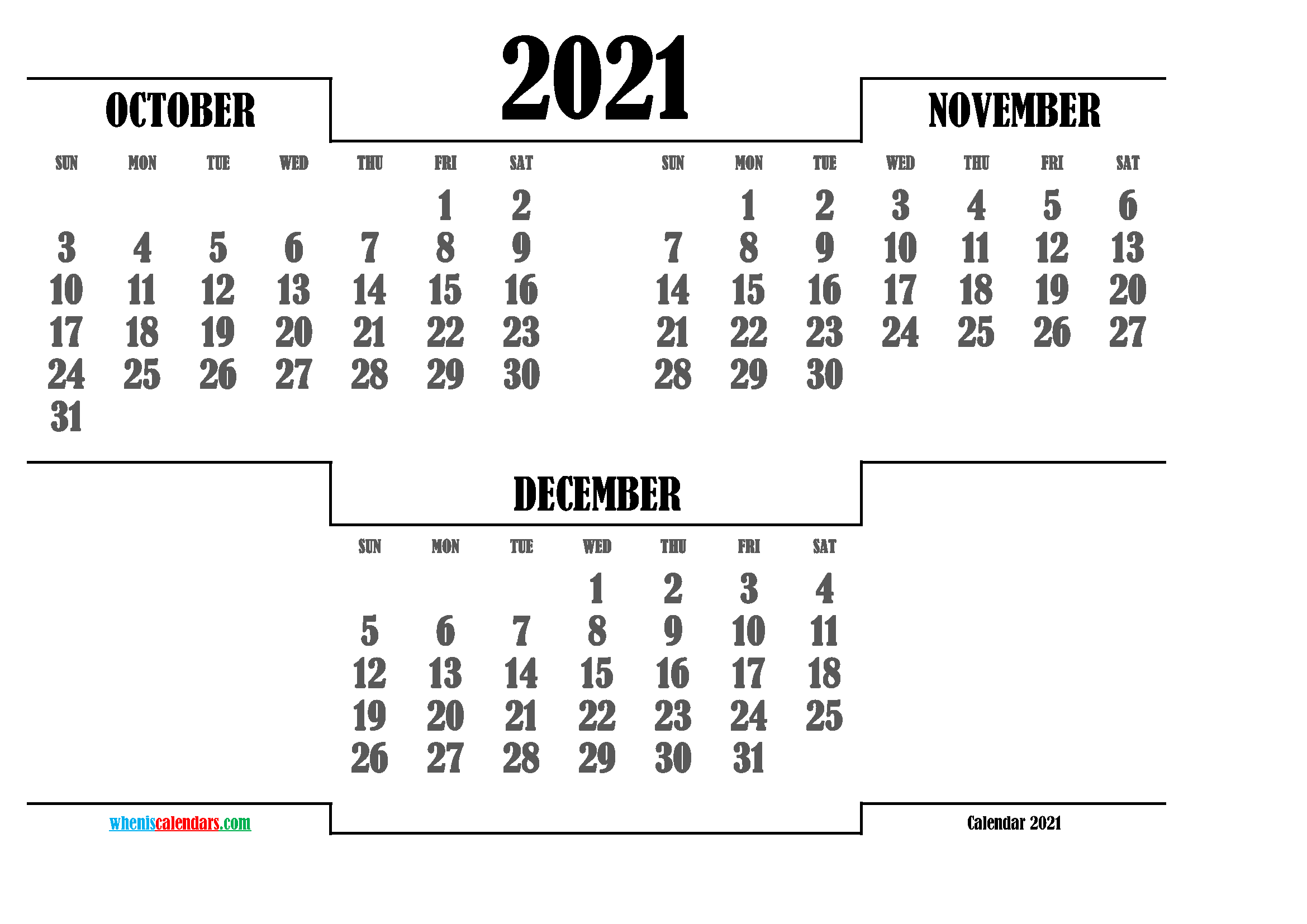 Calendar October November December 2021 Printable