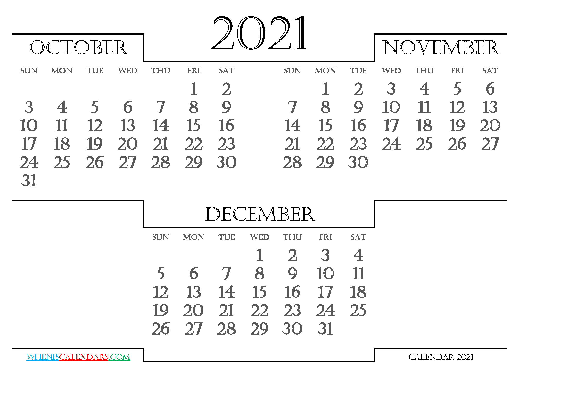 Calendar October November December 2021 Printable