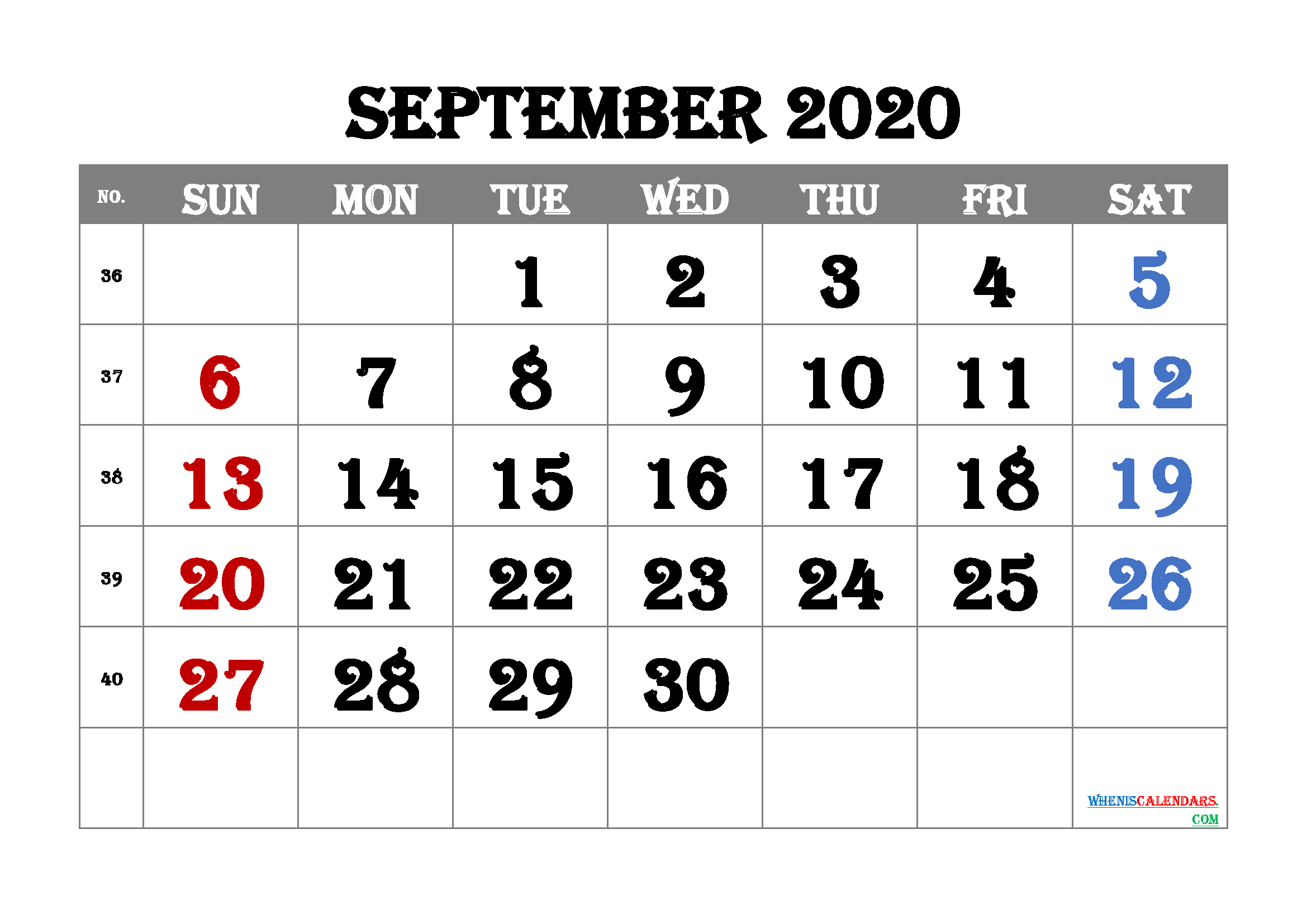 Calendar September 2020 Free Printable