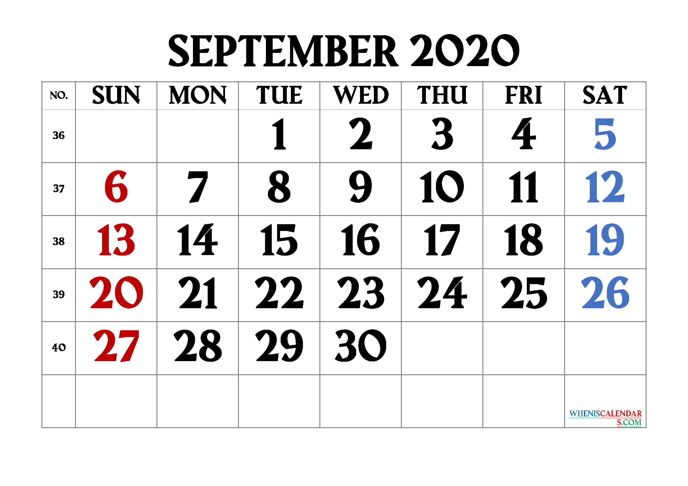 Printable September 2020 Calendar PDF