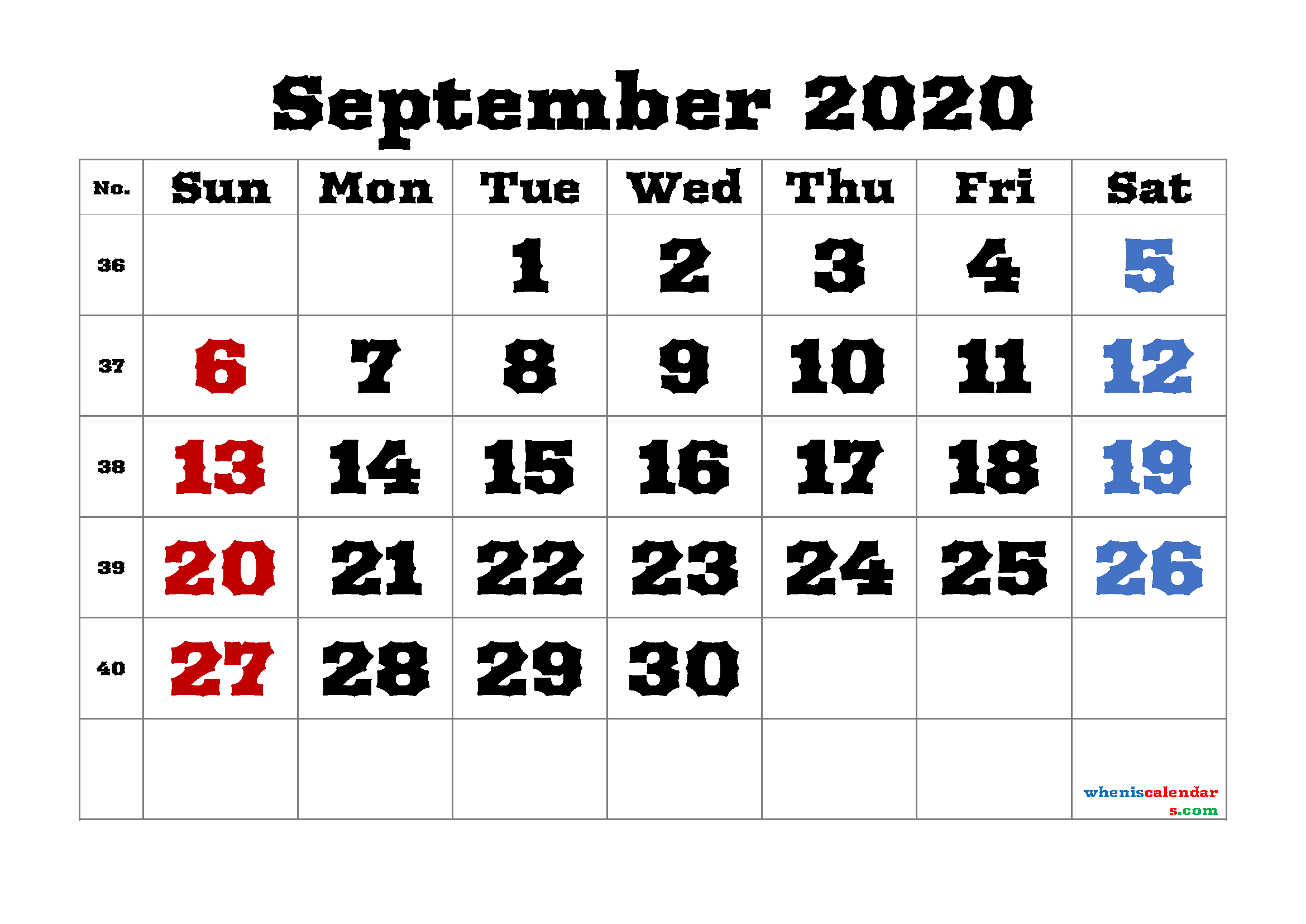 Free September 2020 Calendar Printable