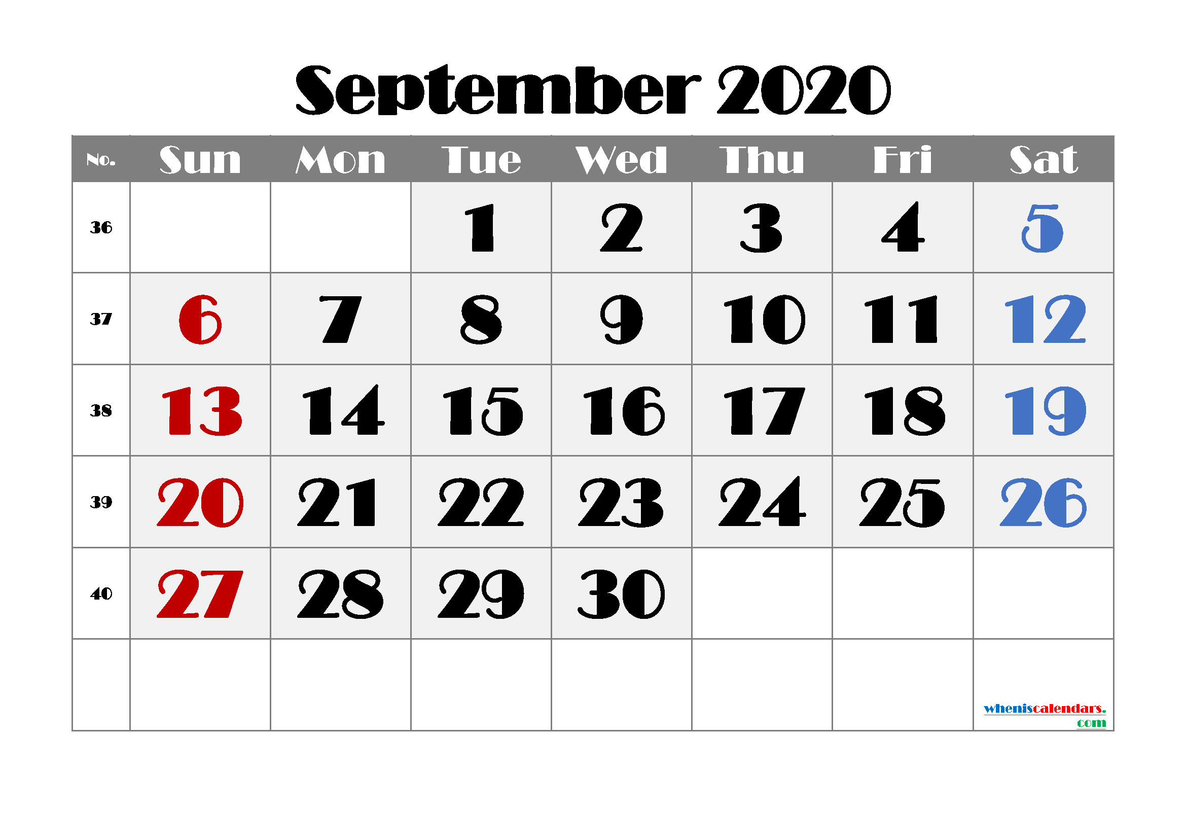 Free Calendar September 2020 Printable