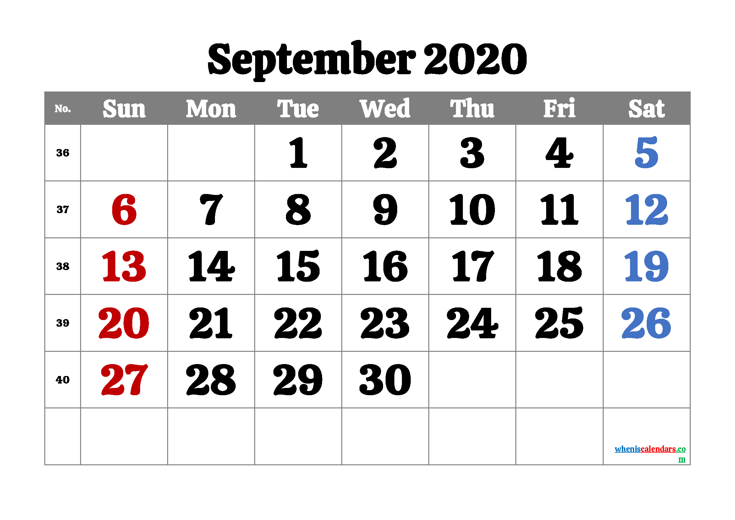 Free Printable September 2020 Calendar