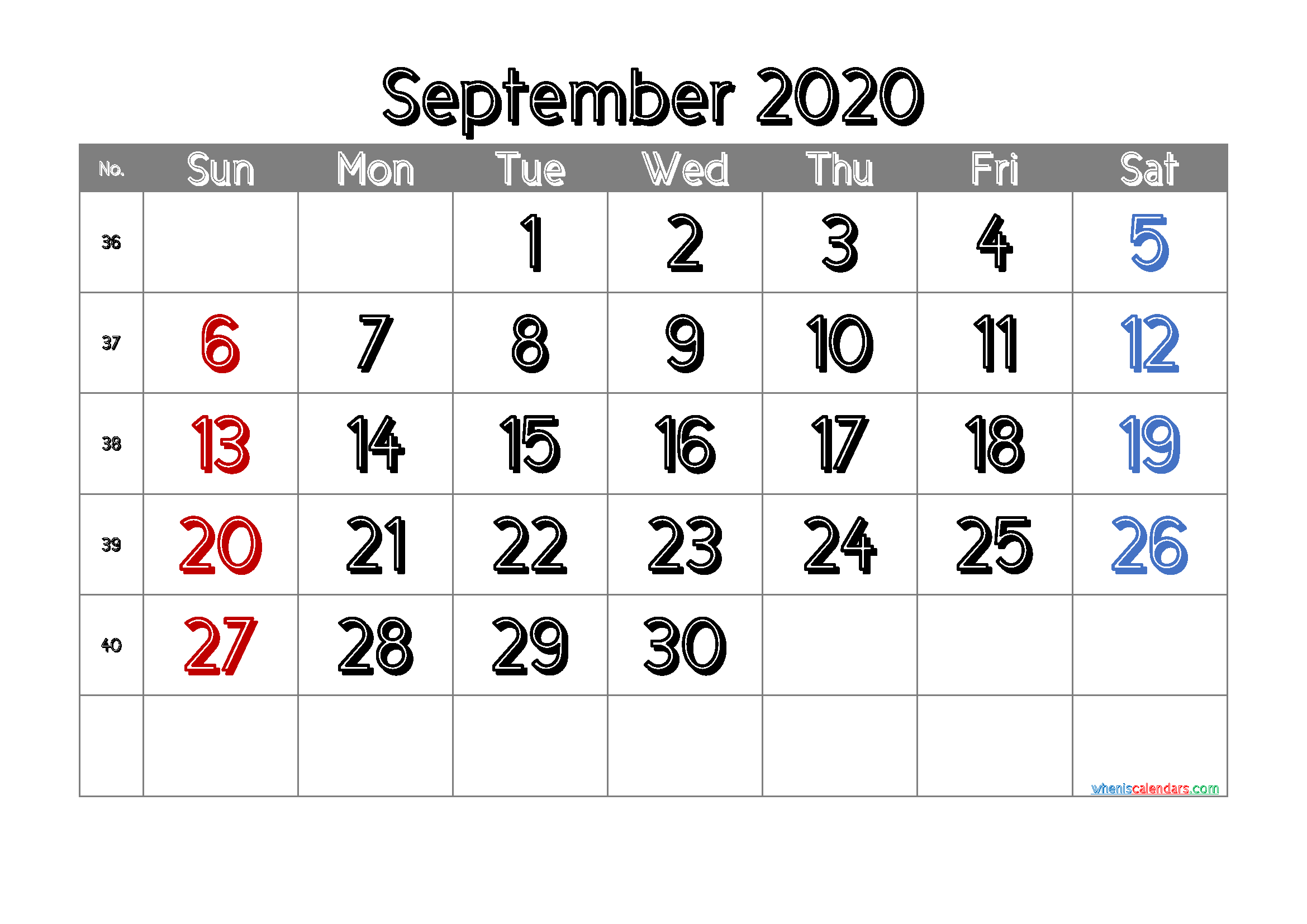 Calendar September 2020 Free Printable