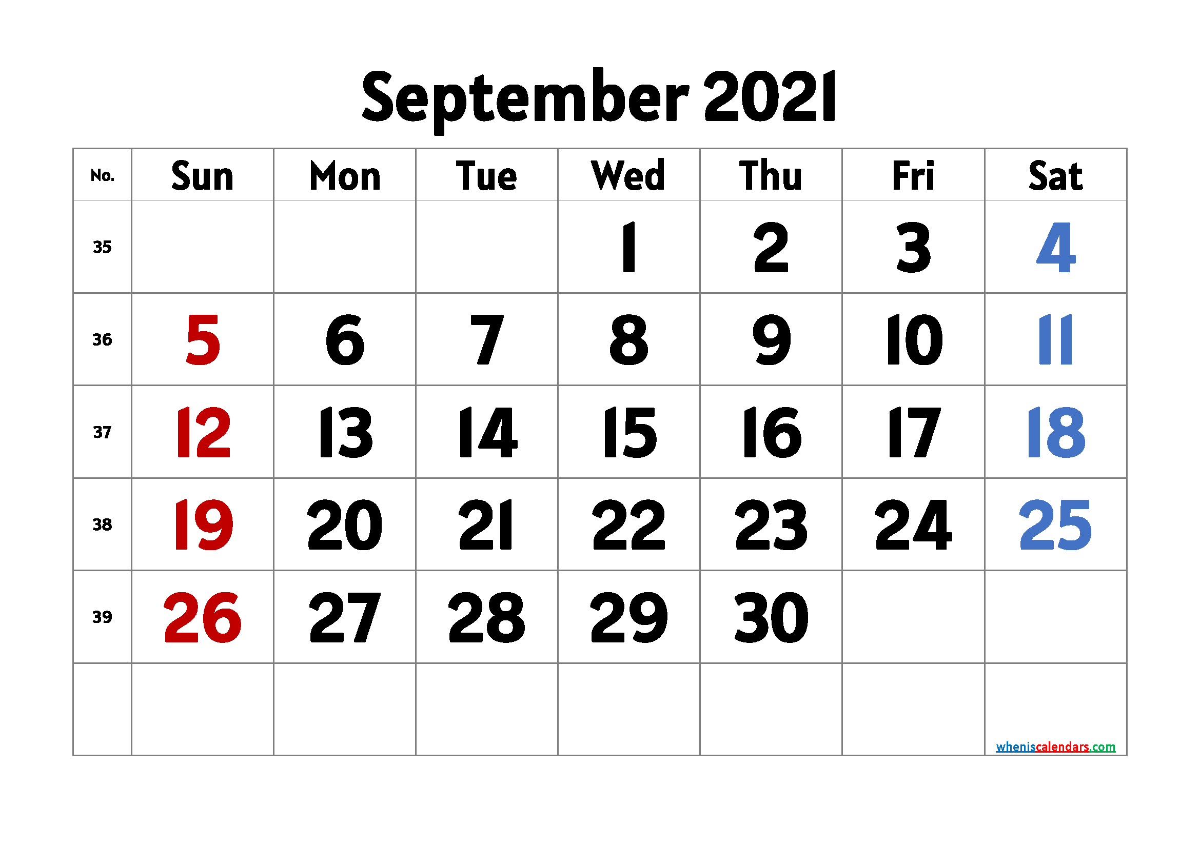 Calendar September 2021 Printable Free