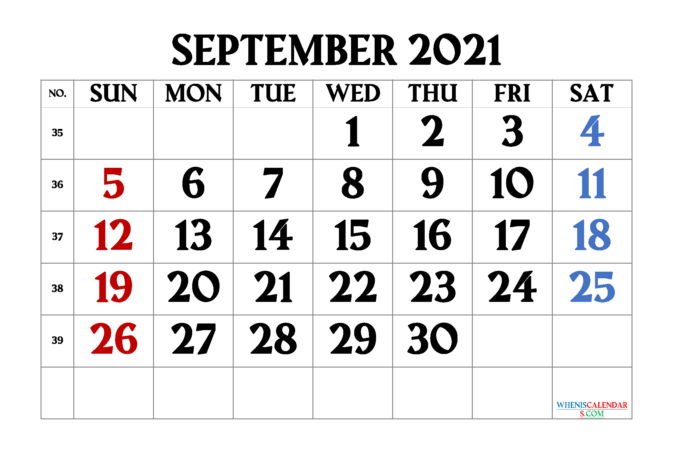 Free September 2021 Calendar Printable