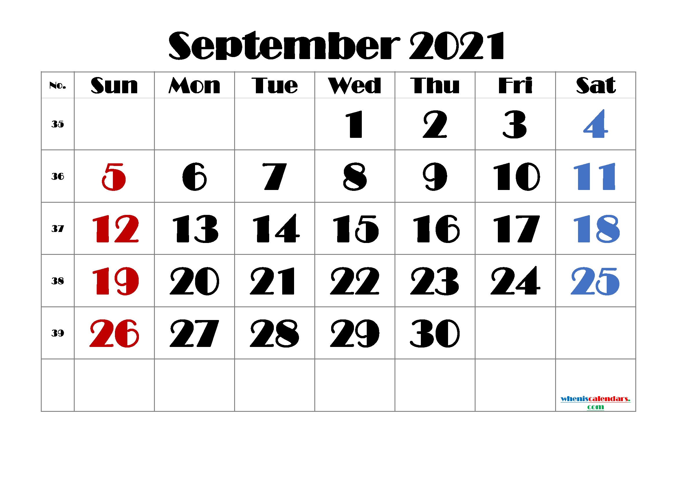 Free September 2021 Calendar Printable