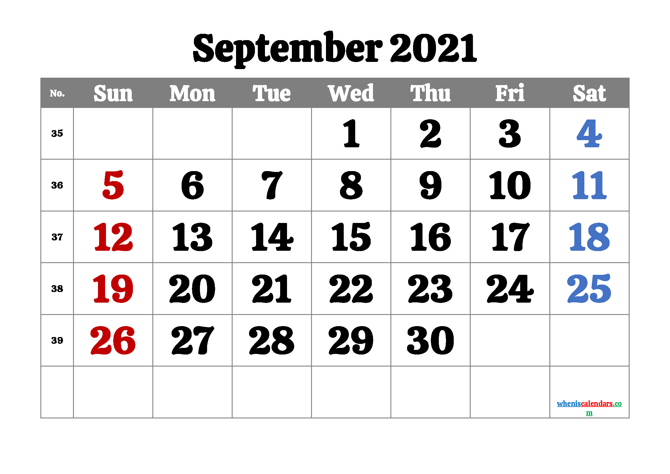 September 2021 Calendar Printable Free