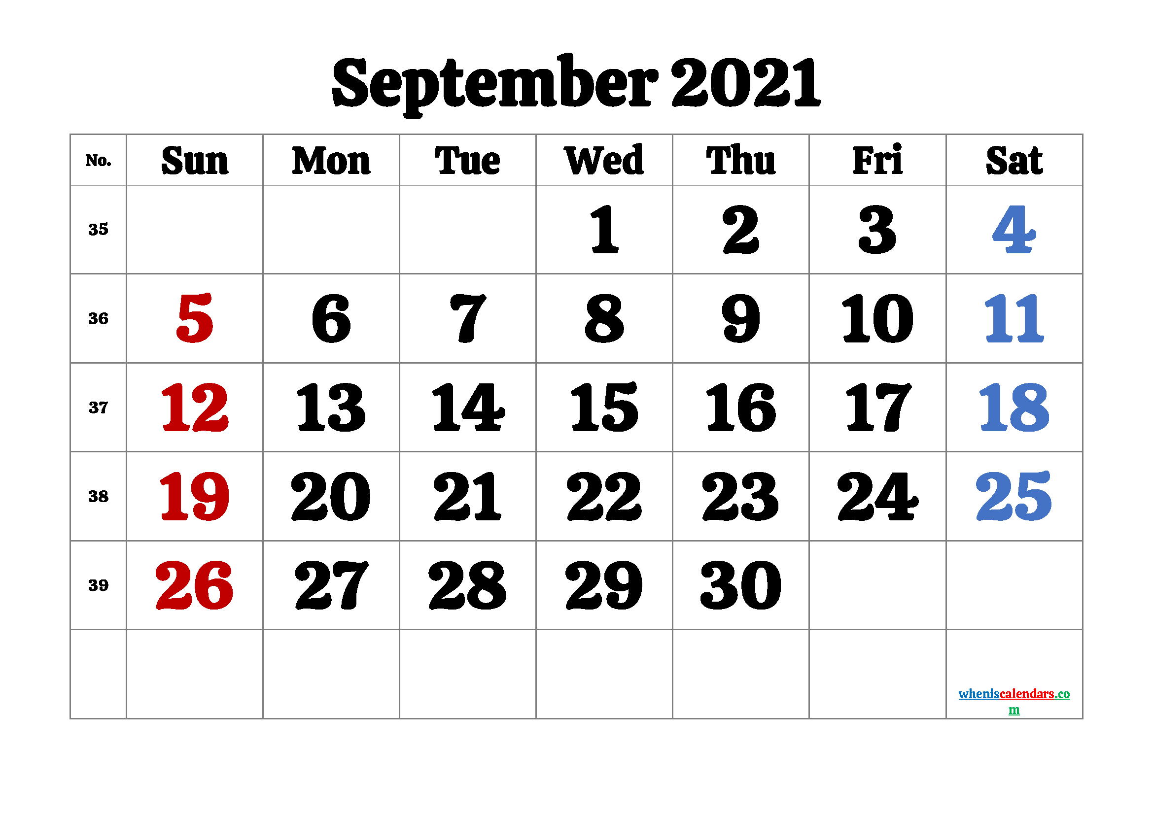 Calendar September 2021 Printable Free