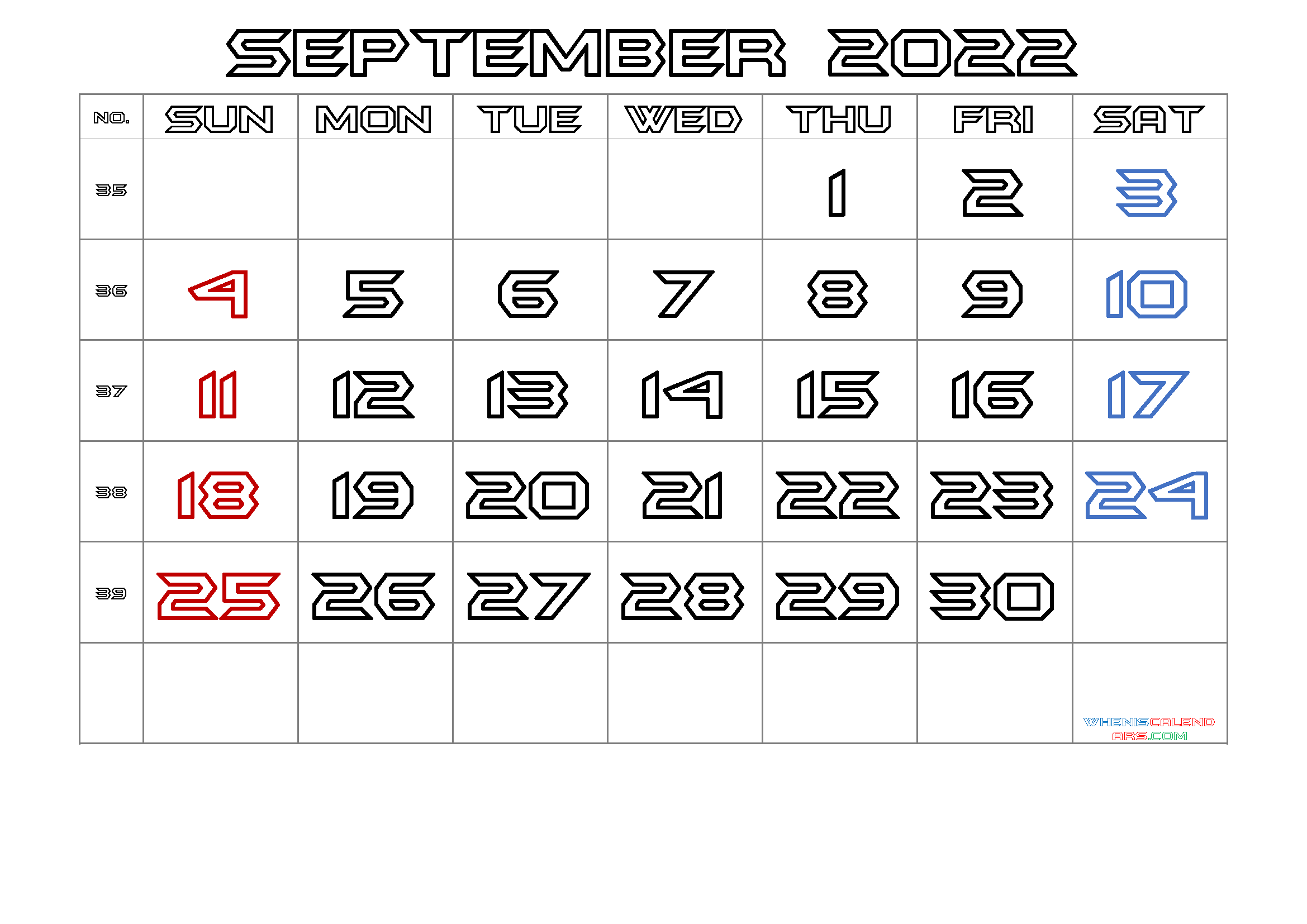 Free September 2022 Calendar with Holidays