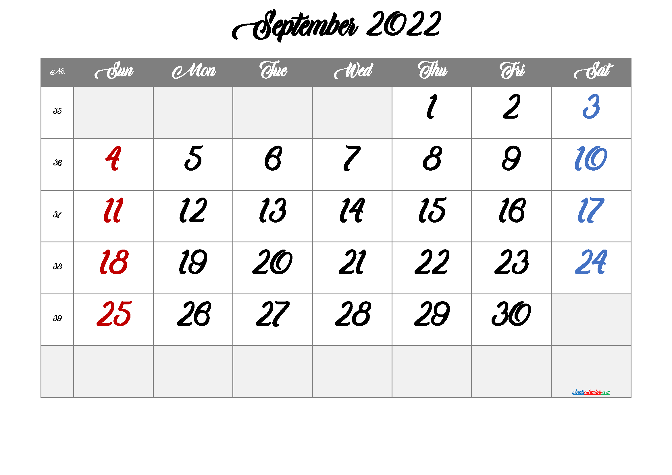 Free September 2022 Calendar with Holidays