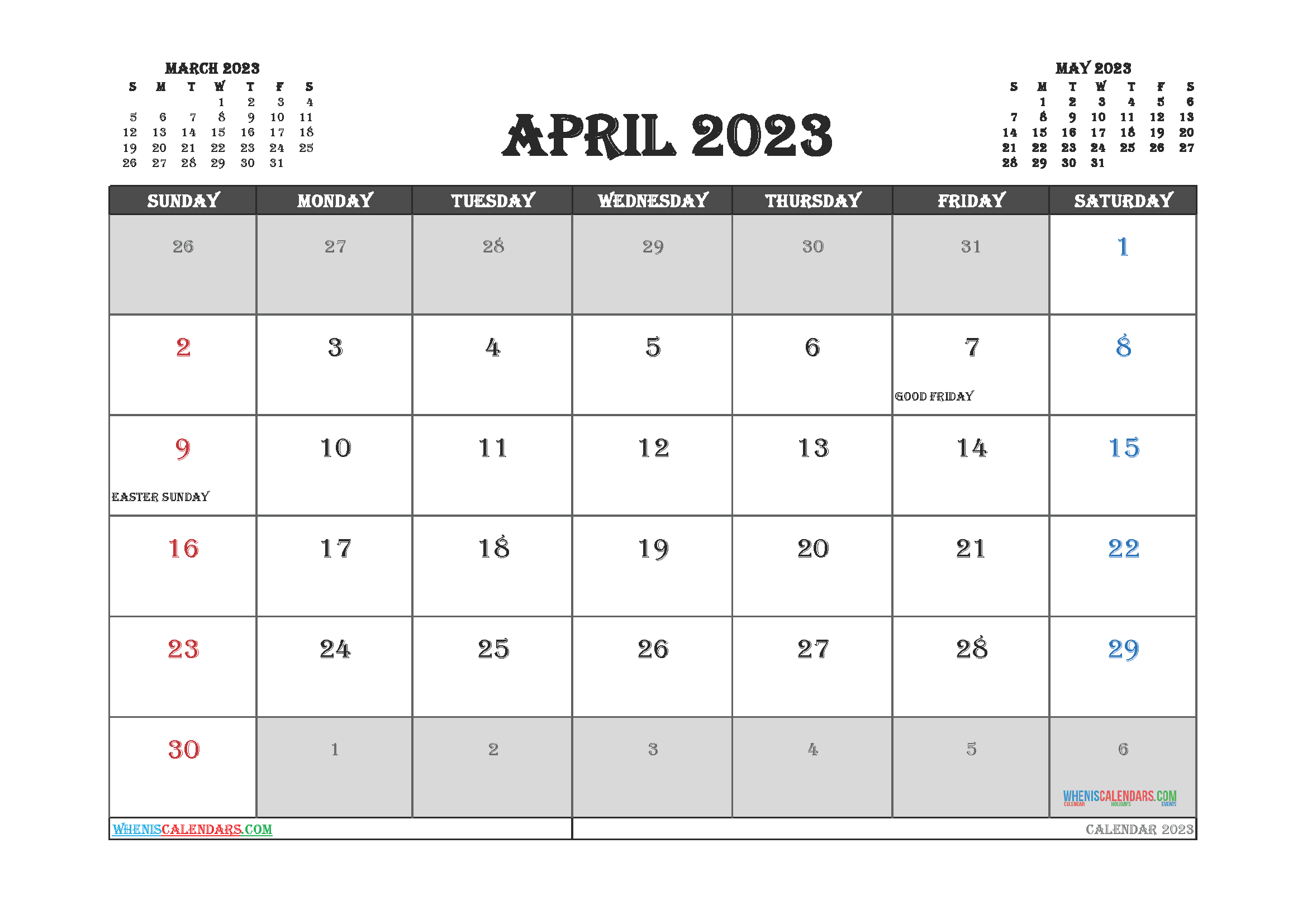 Free Cute April 2023 Calendar