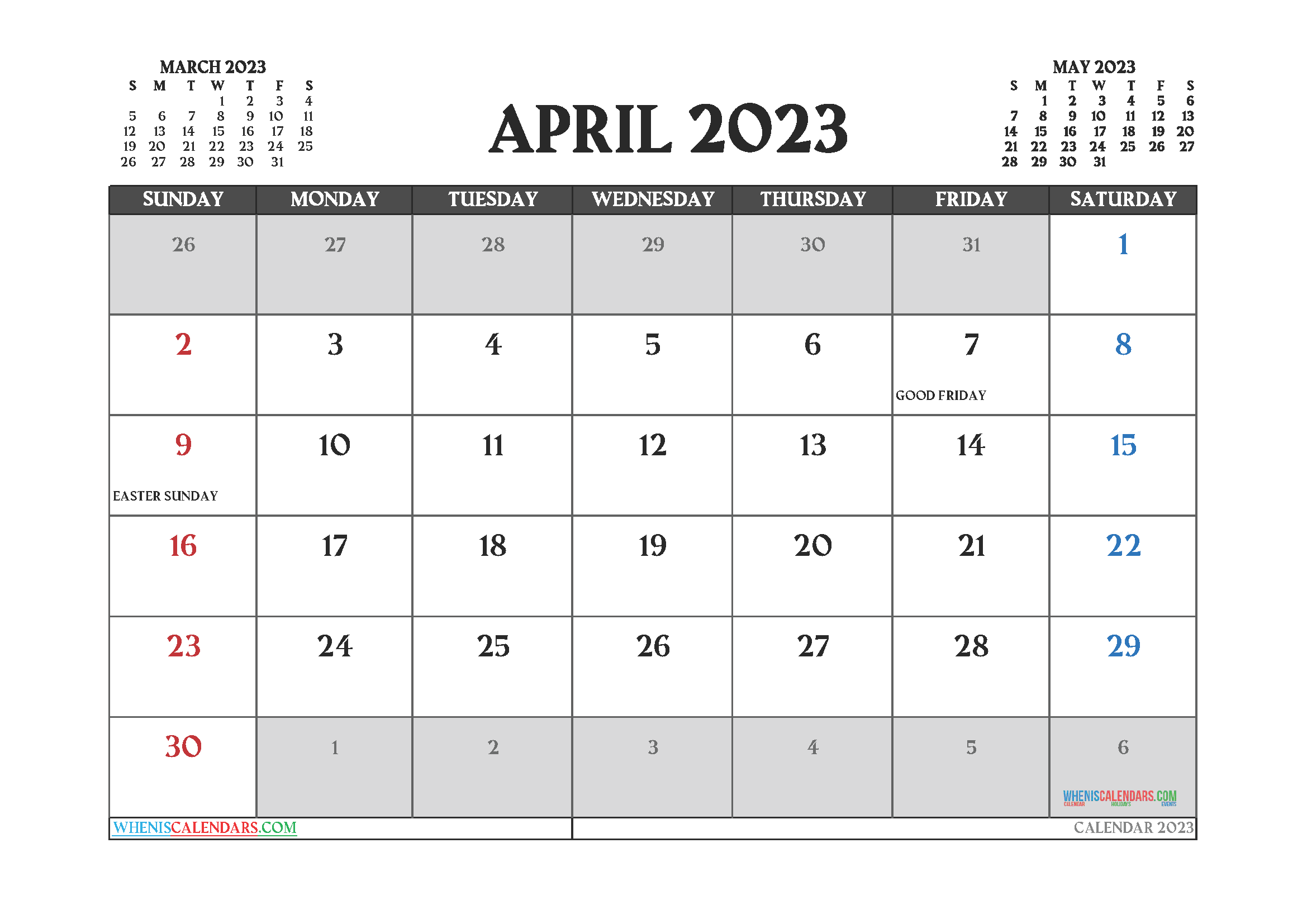 Calendar April 2023 with Holidays