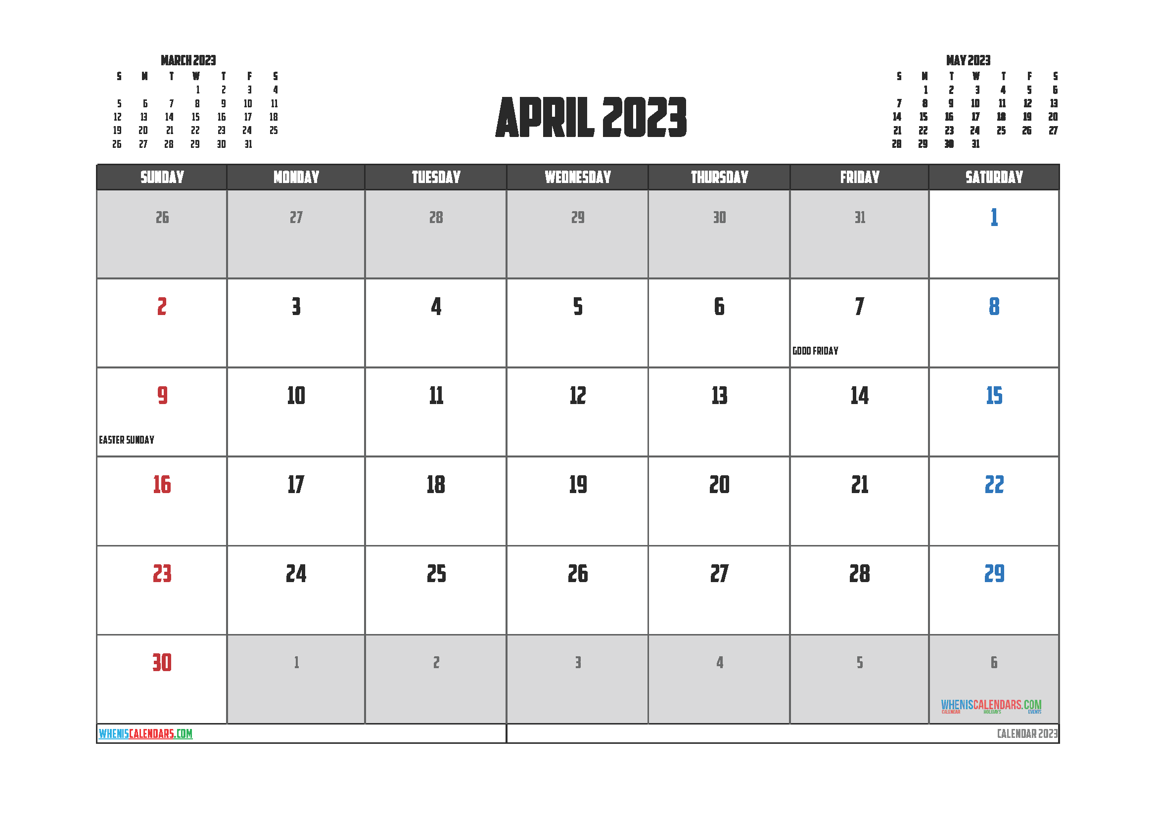 Free April Calendar 2023 with Holidays
