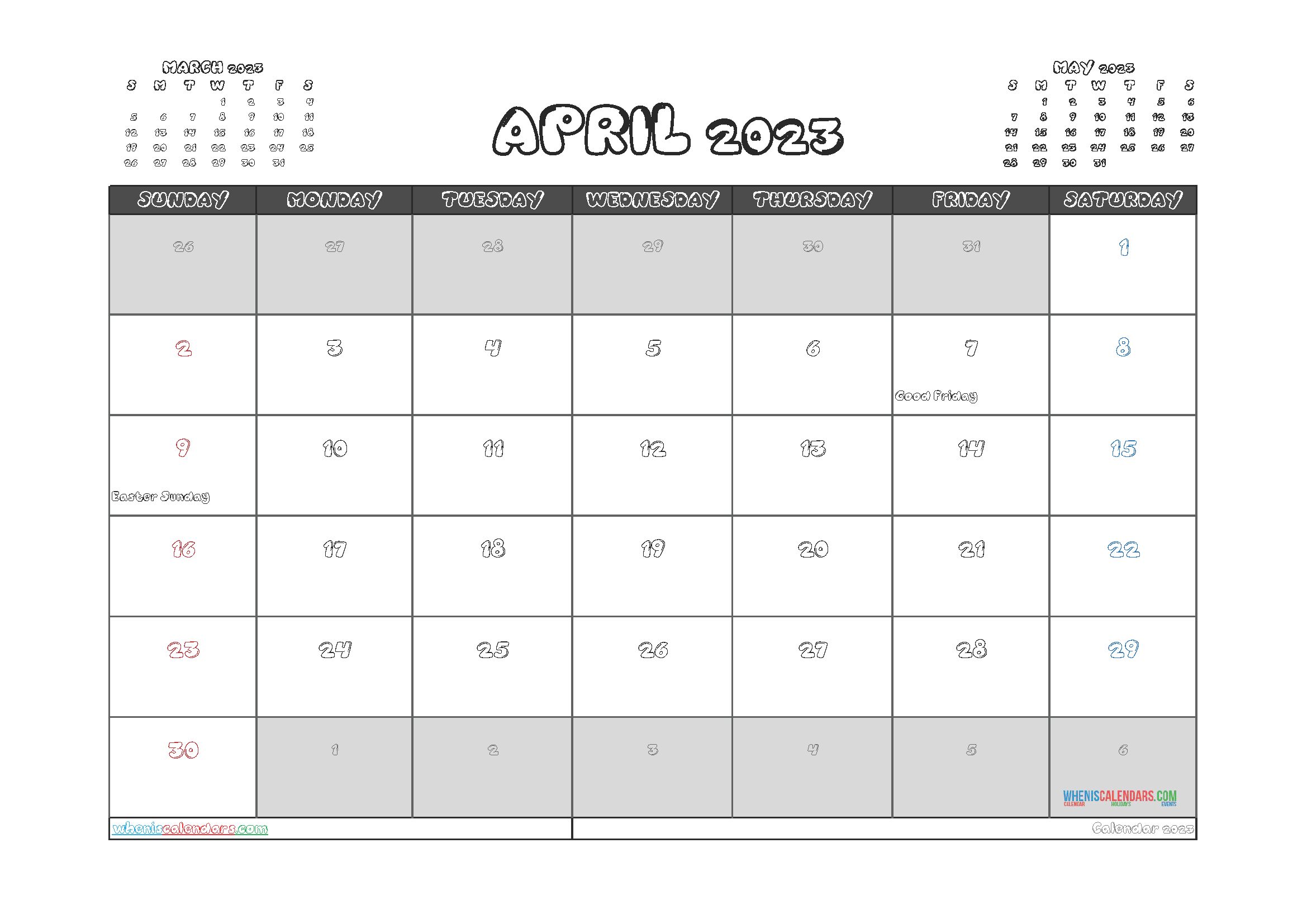 Free April 2023 Calendar with Holidays