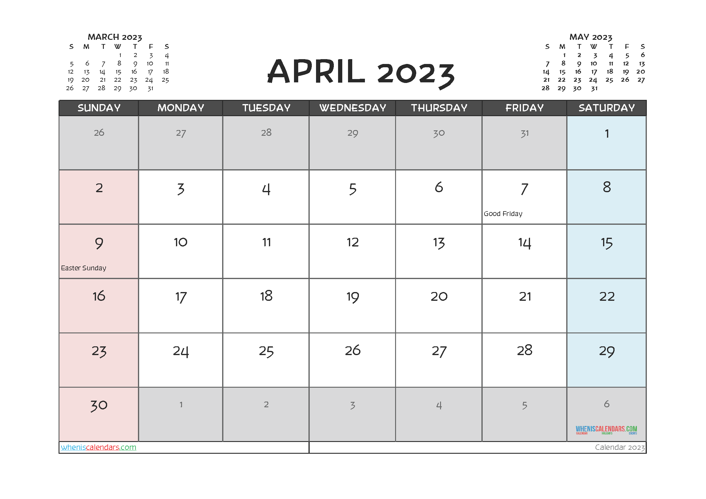 Free April Calendar 2023 with Holidays