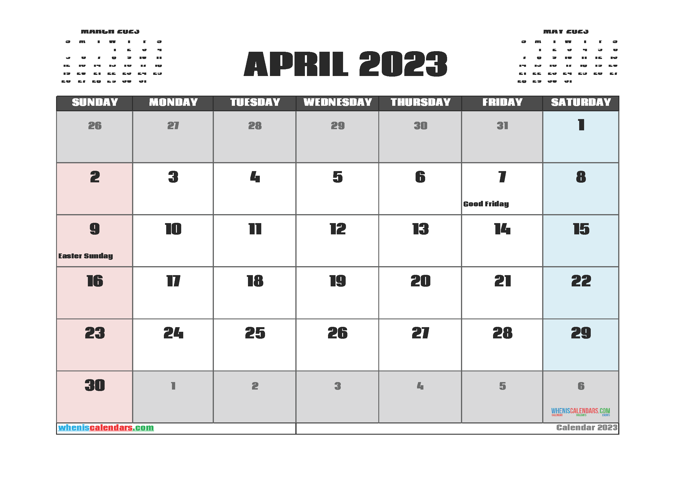 Free Printable April 2023 Calendar