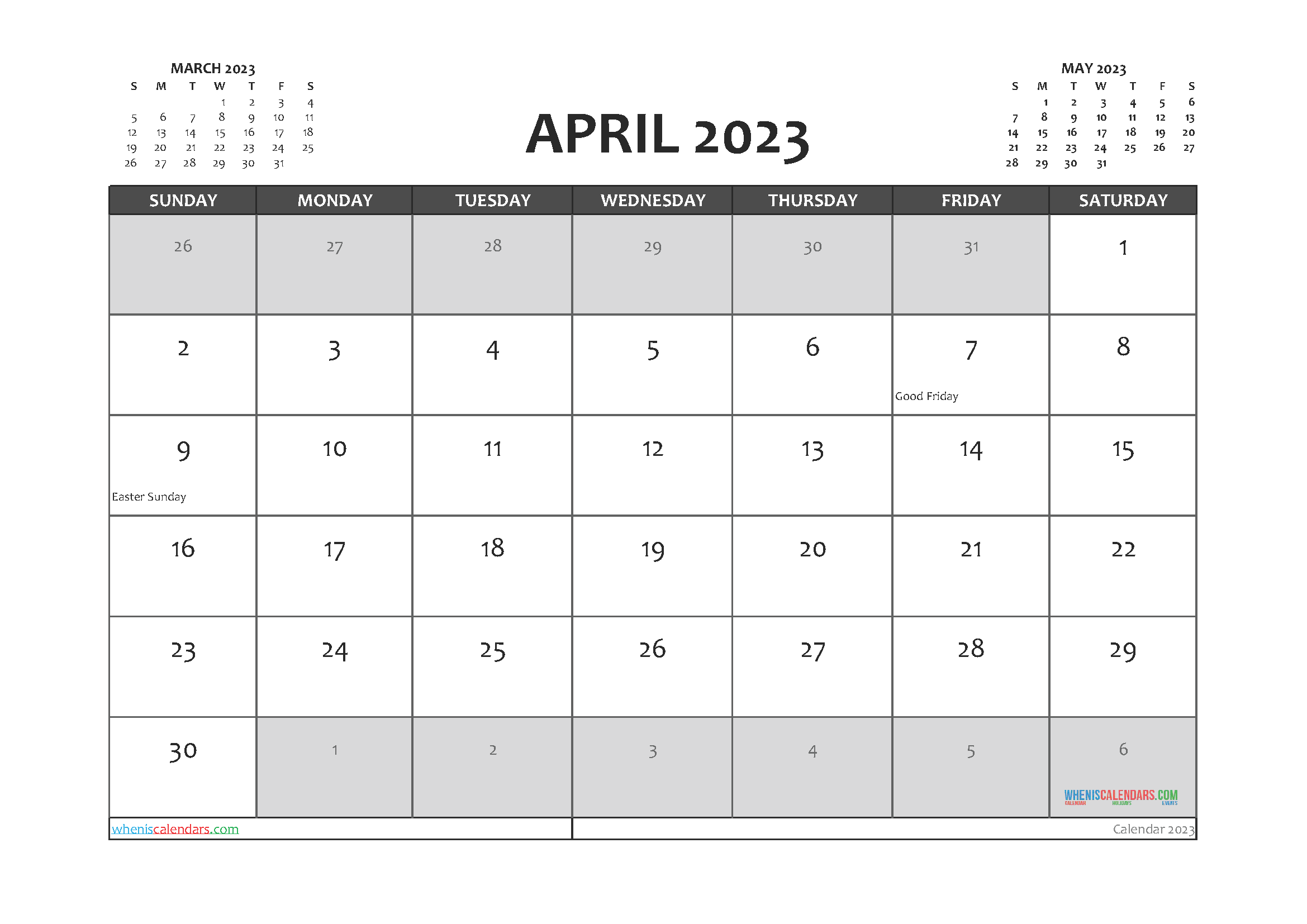 Calendar April 2023 with Holidays