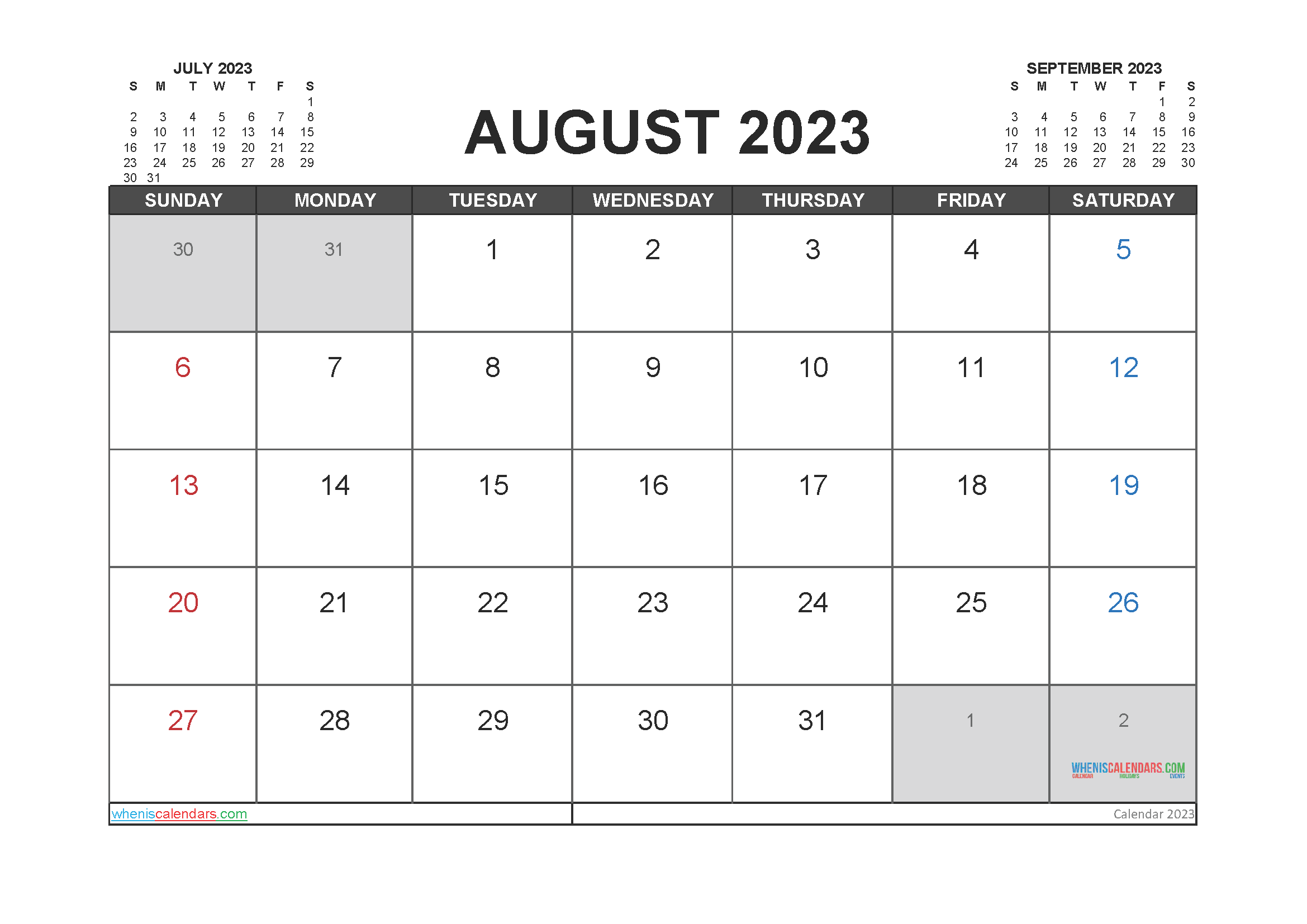 August 2023 Calendar Printable Pdf Free