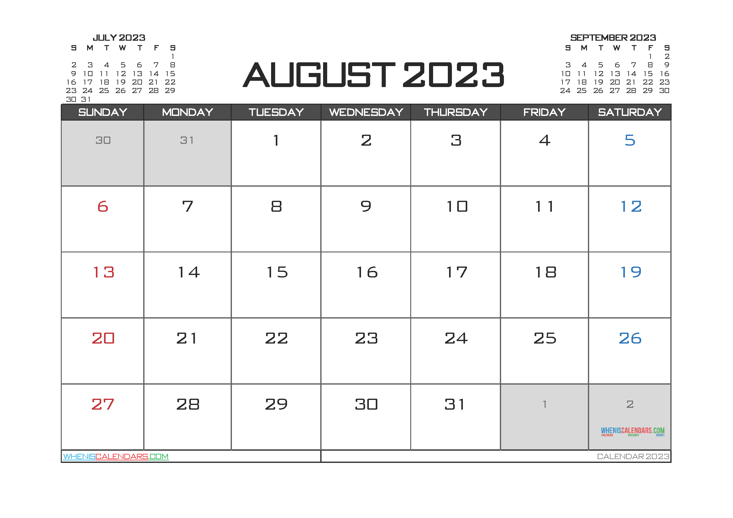 August 2023 Calendar Printable Free