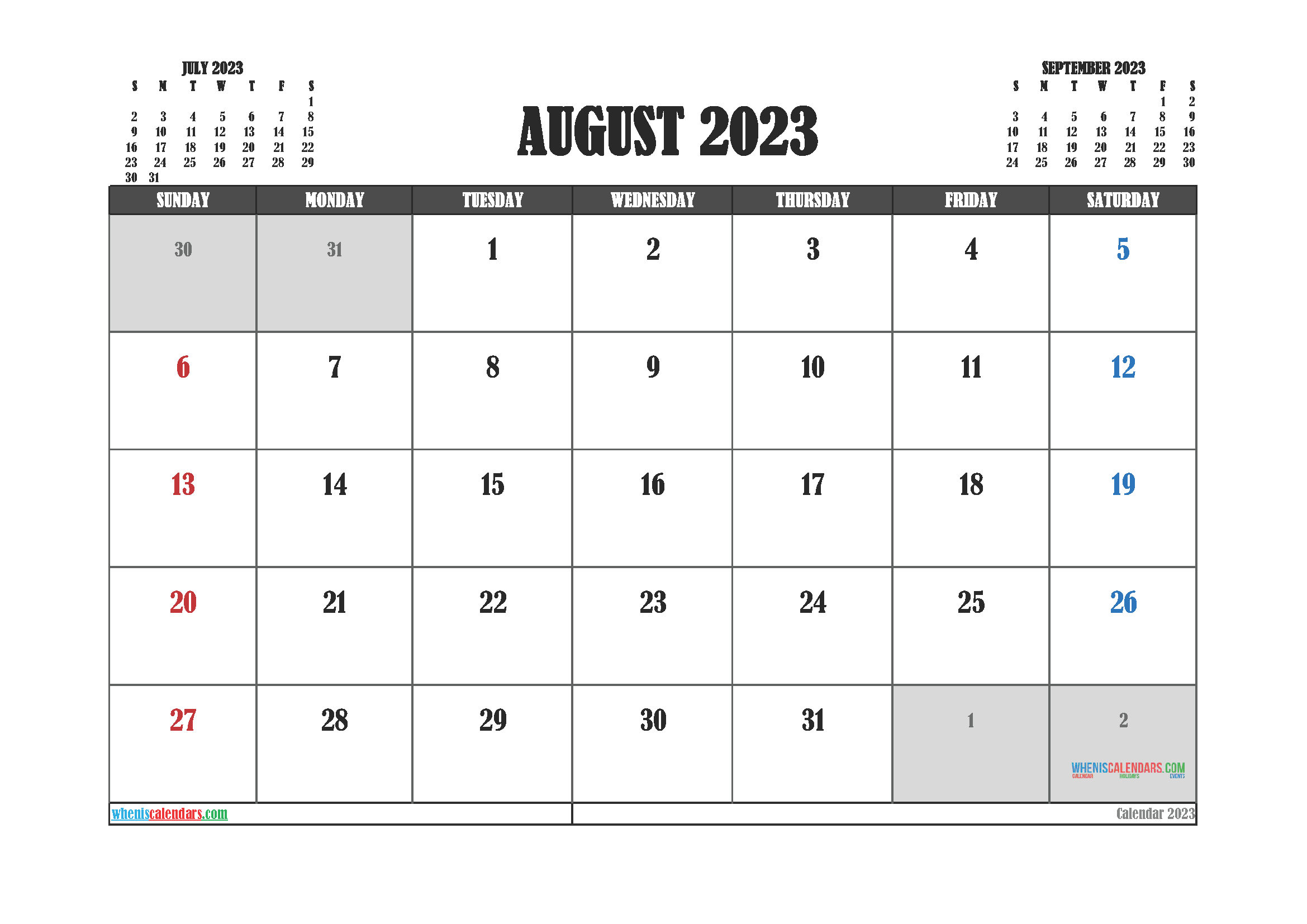 Free August 2023 Printable Calendar