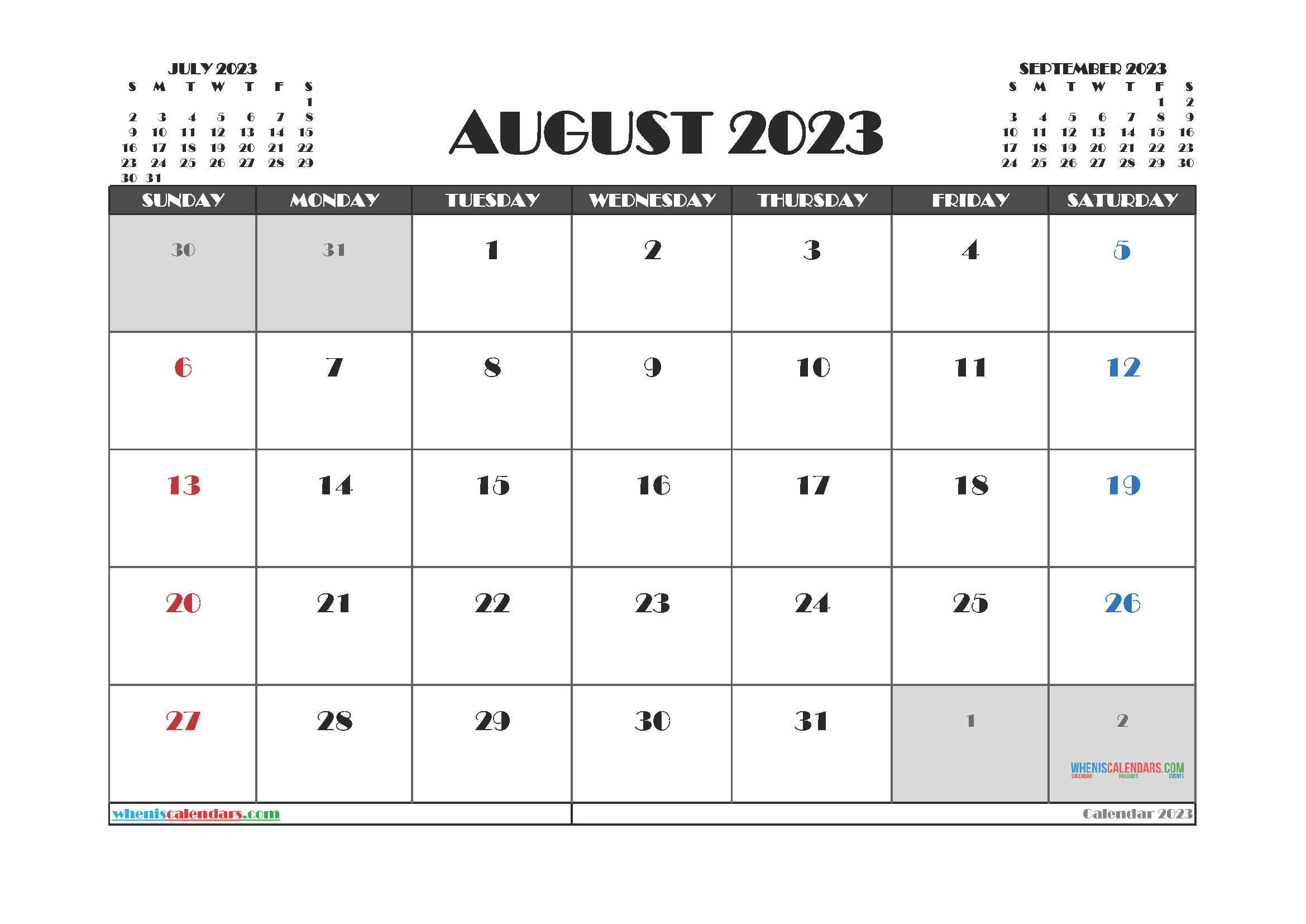 Free August 2023 Printable Calendar Word