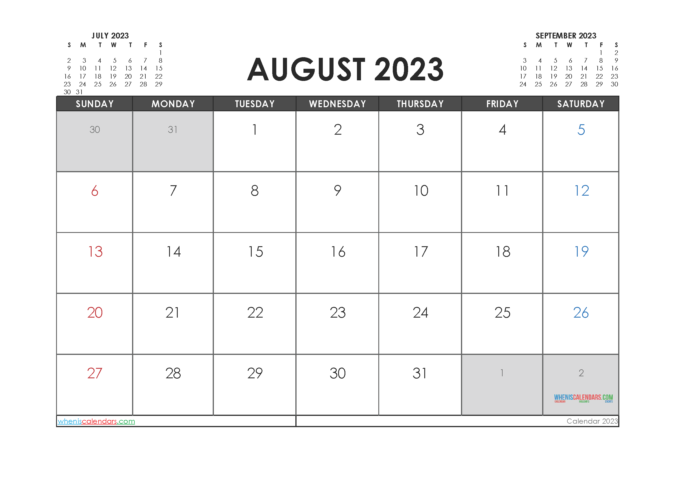Printable August 2023 Calendar Free