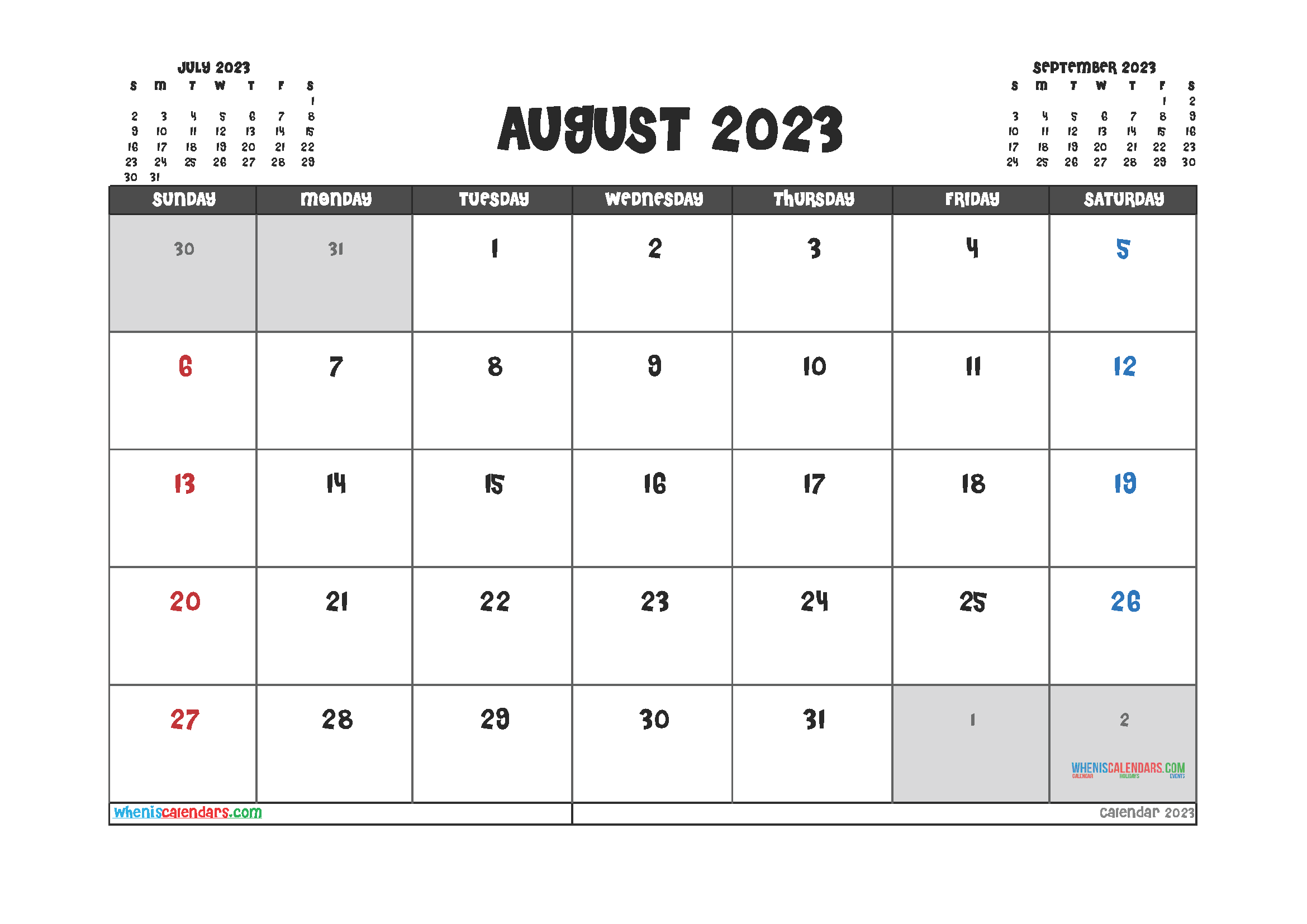 August 2023 Calendar Printable For Free