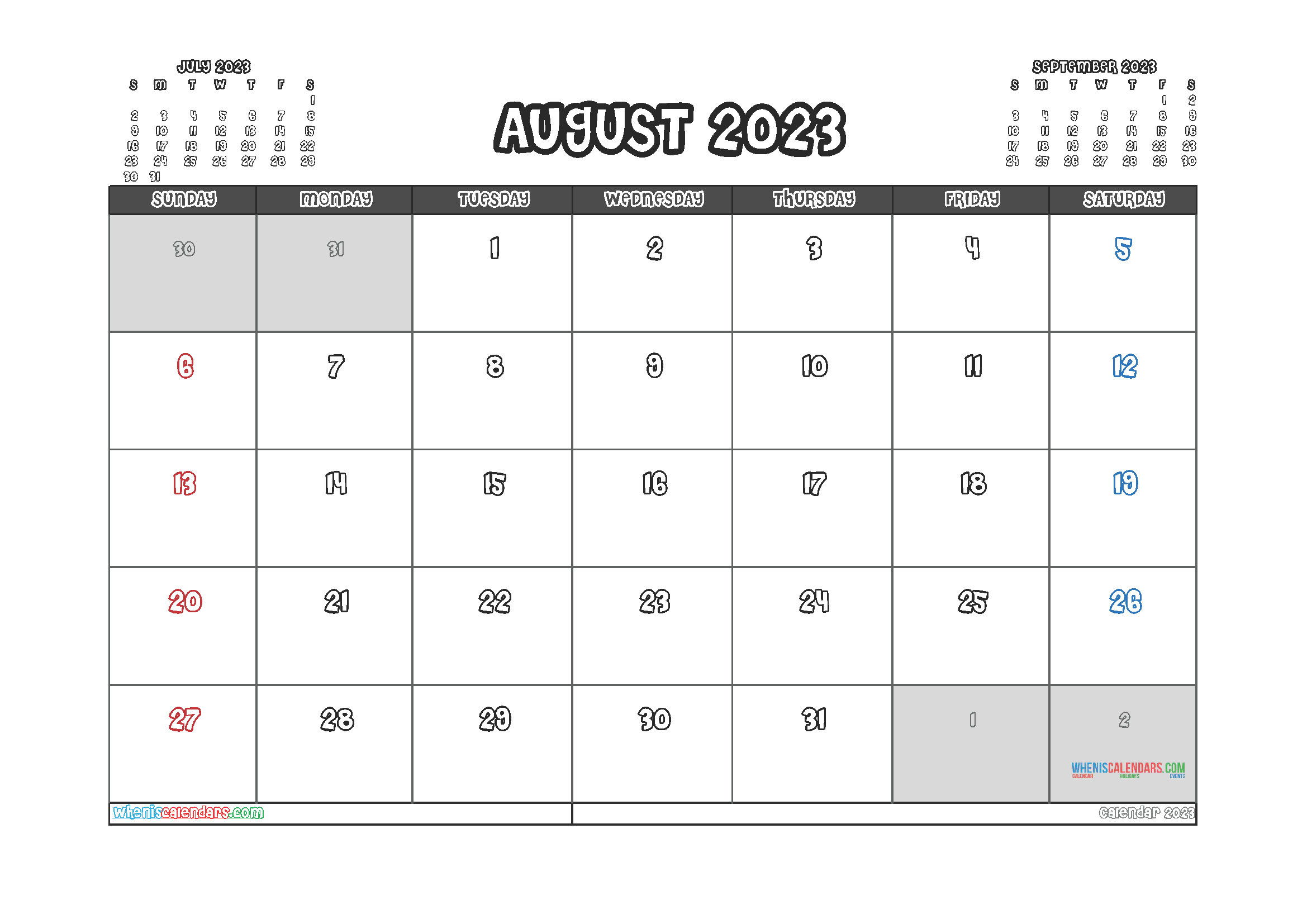 Printable August 2023 Calendar PDF