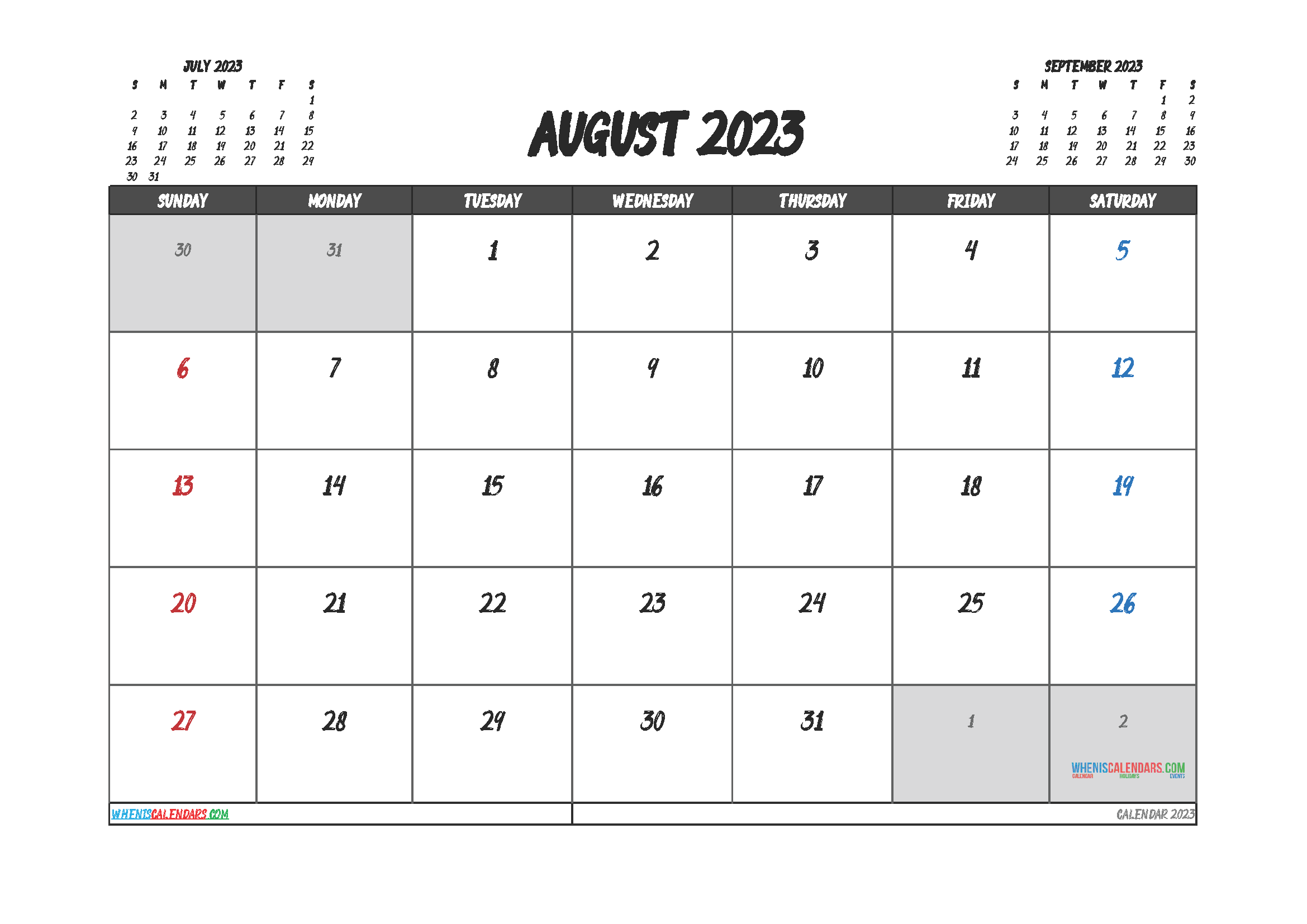 Free Editable Calendar August 2023 PDF