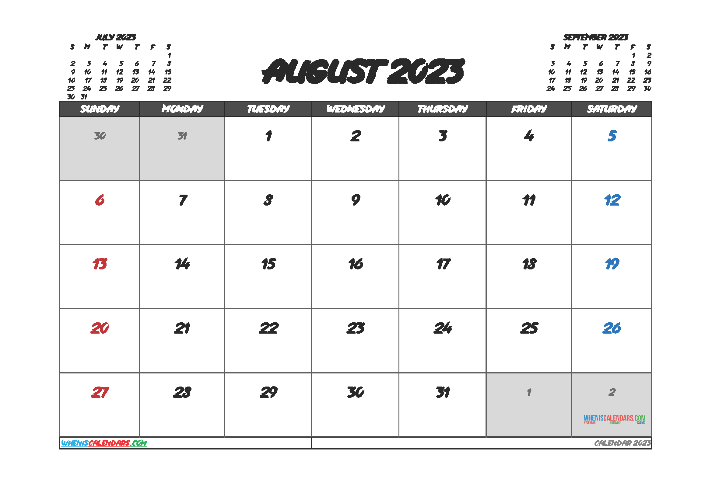 Free Editable August 2023 Printable Calendar