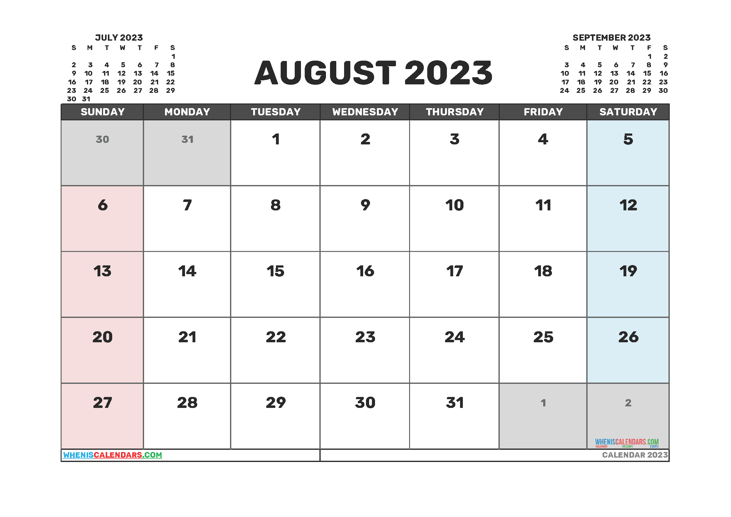 Printable Calendar August 2023 Free