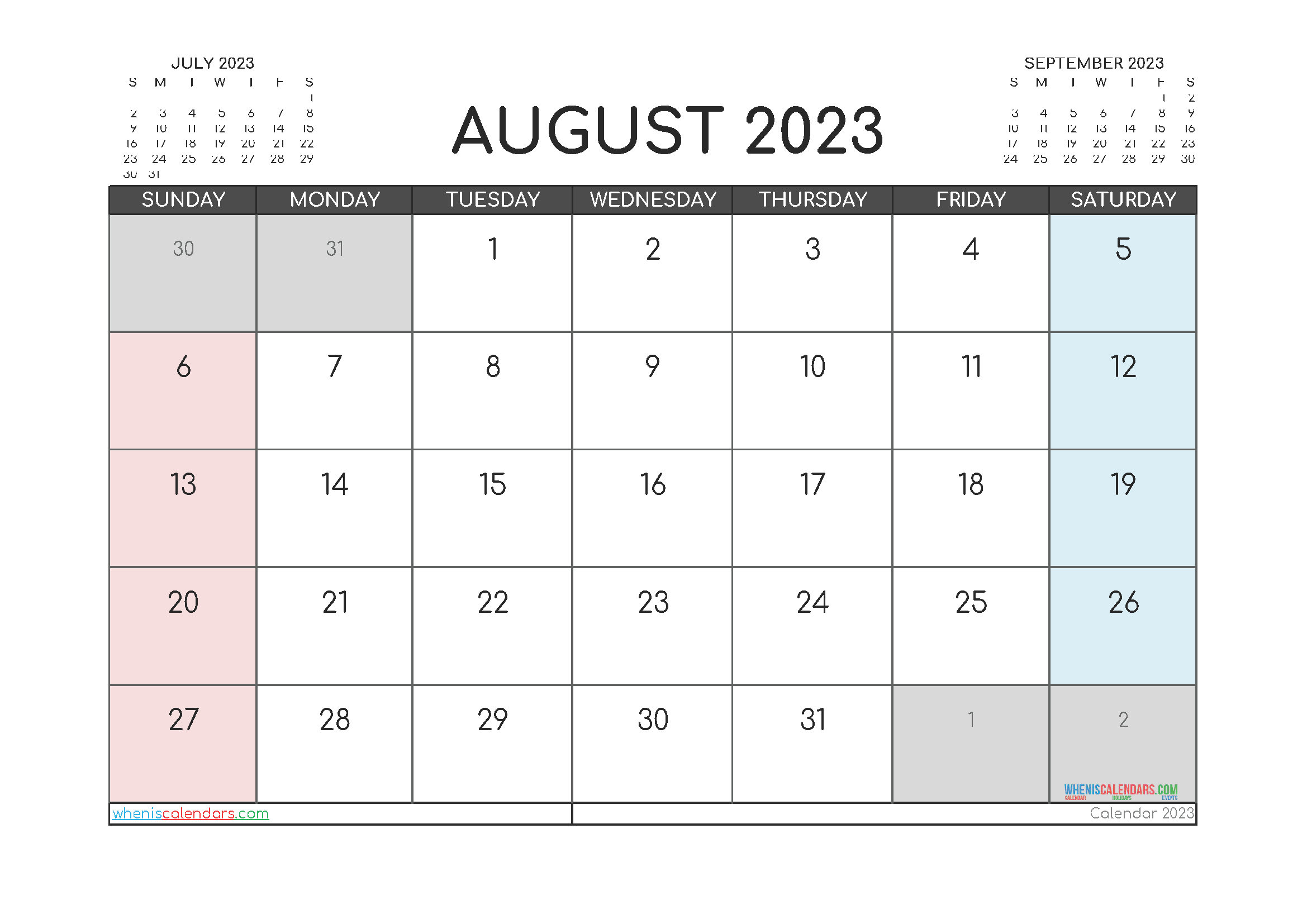 August 2023 Calendar Printable Free