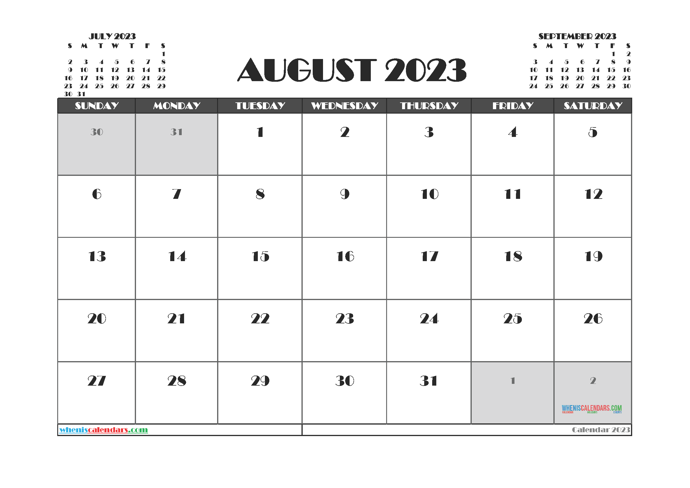 Free Printable Calendar 2023 August