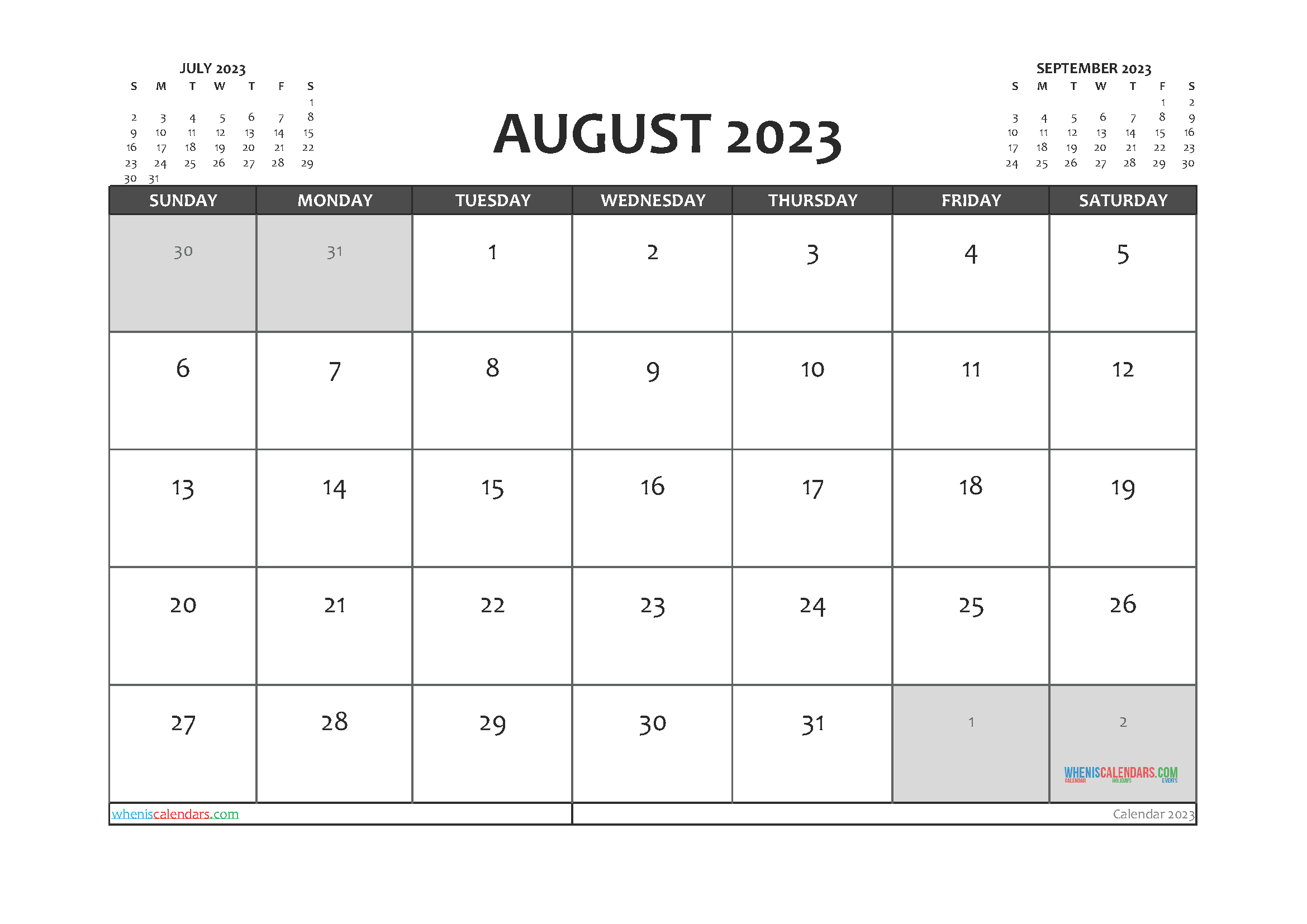 Calendar August 2023 with Holidays