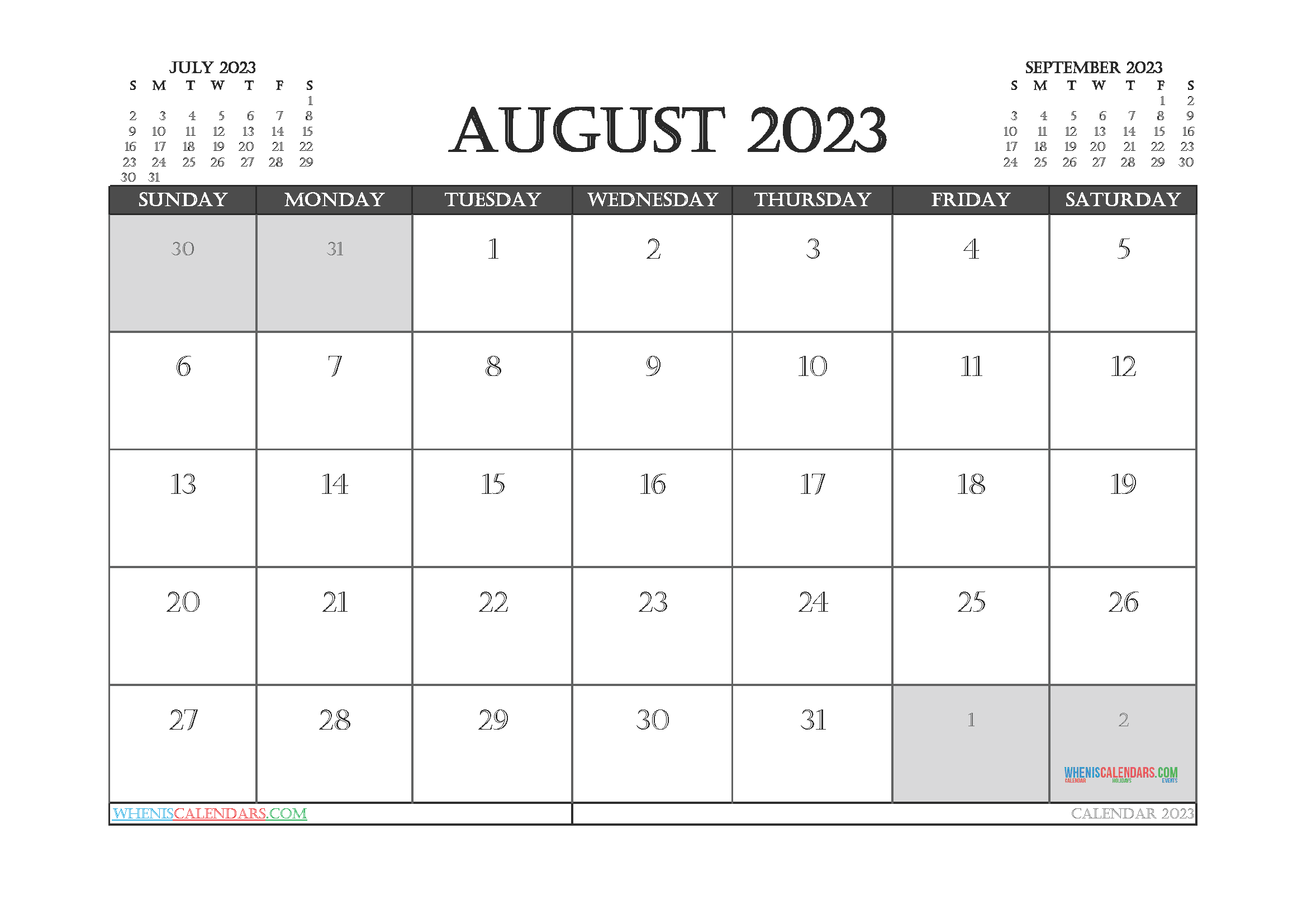 Printable Calendar August 2023 Free