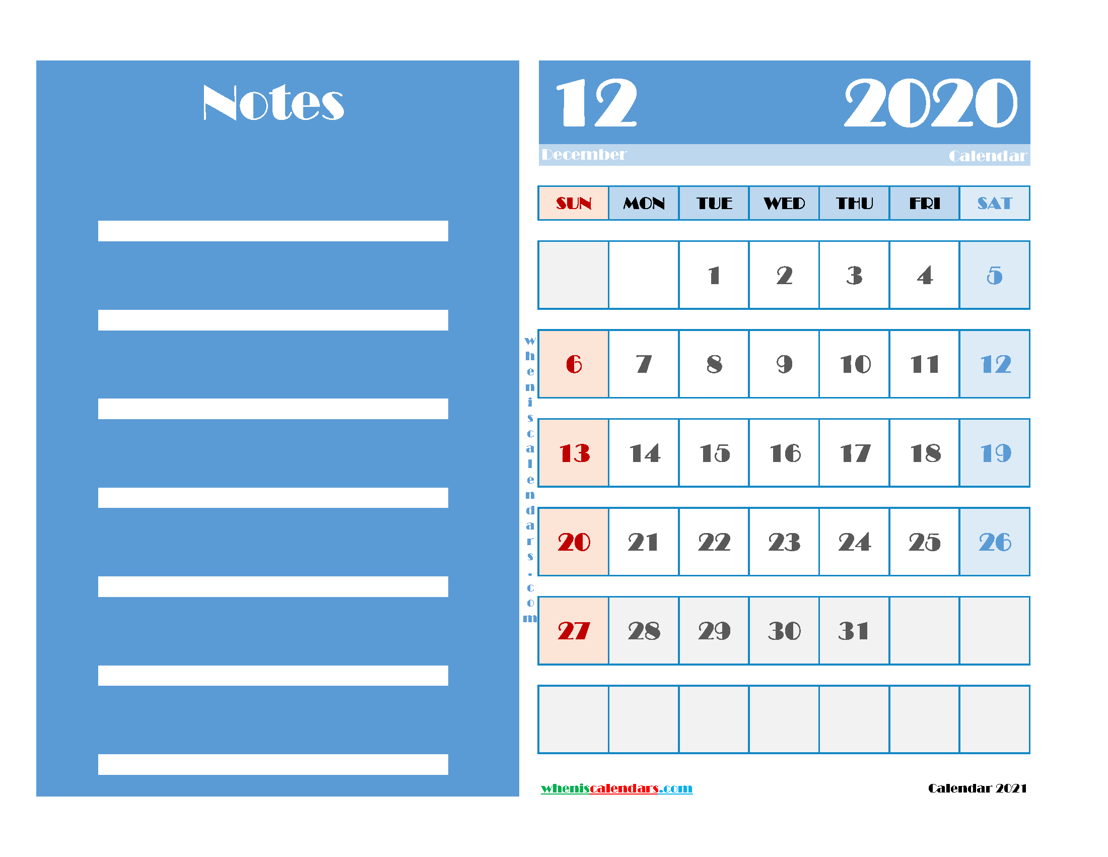 December 2020 Free Calendar Printable