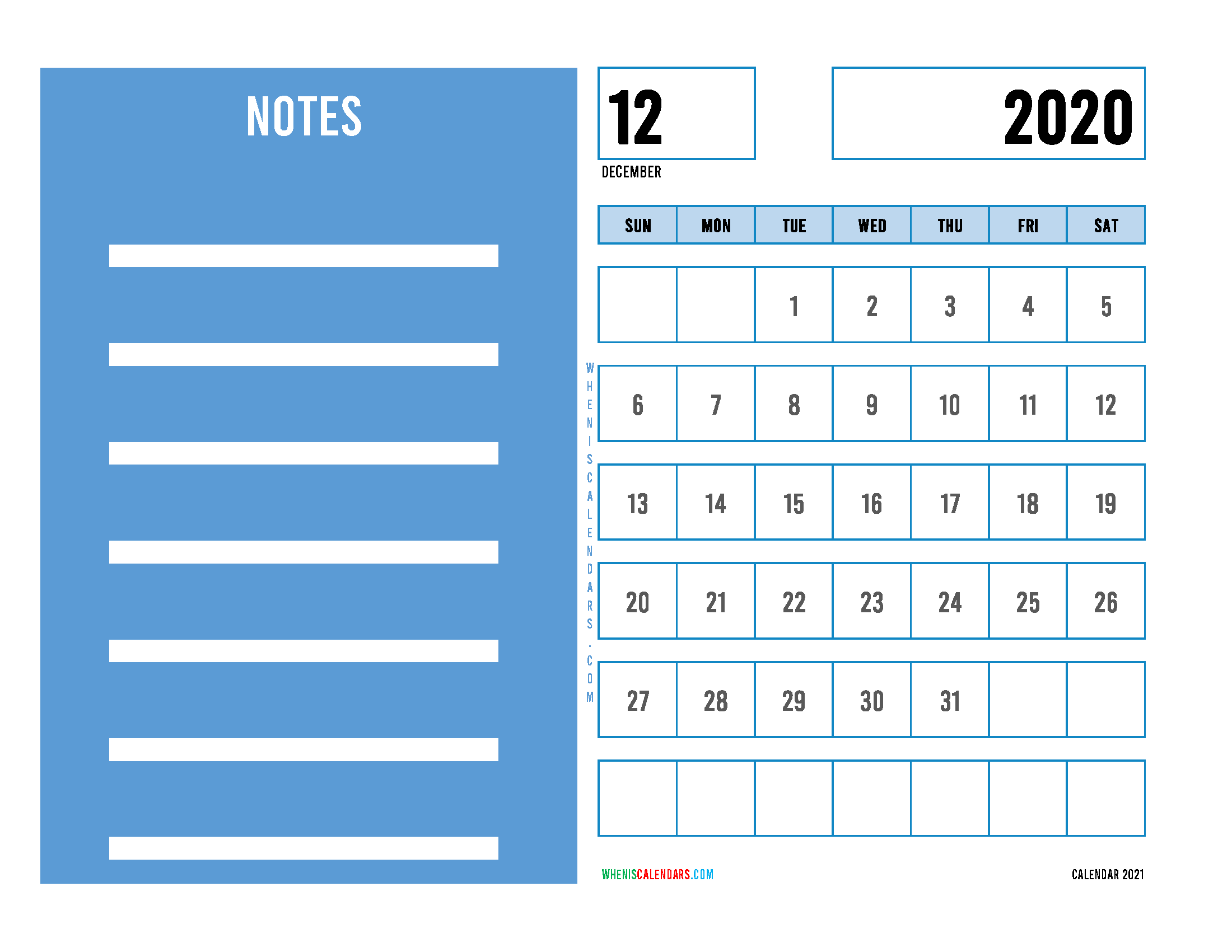 Editable December 2020 Calendar Printable