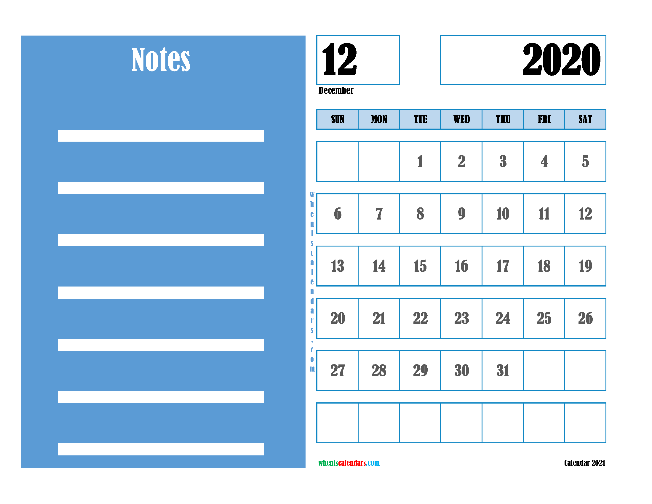 Free Editable Calendar December 2020 PDF