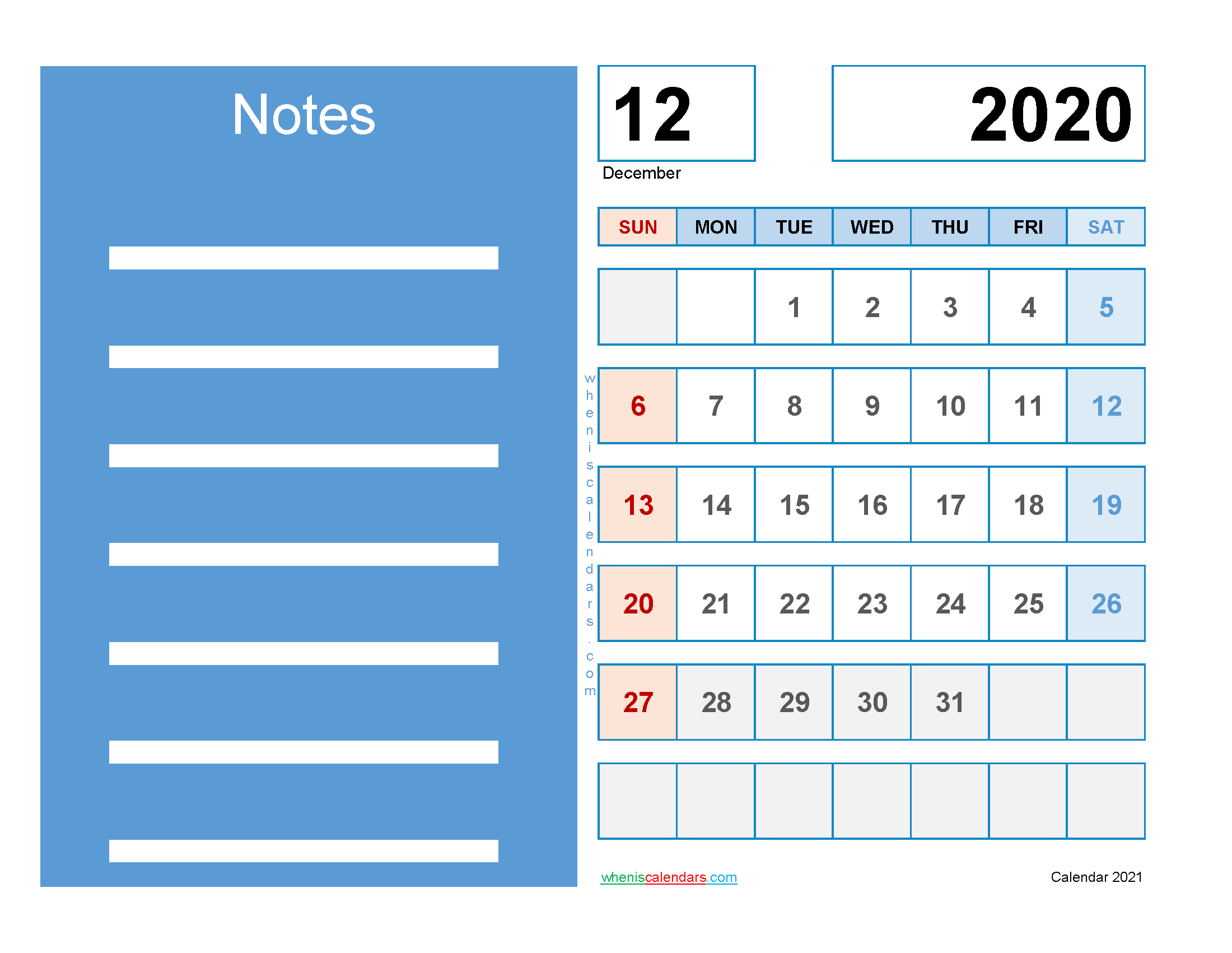 Printable Calendar December 2020 Free